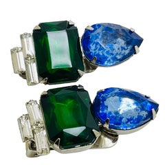 Vintage silver emerald sapphire glass designer runway clip on earrings