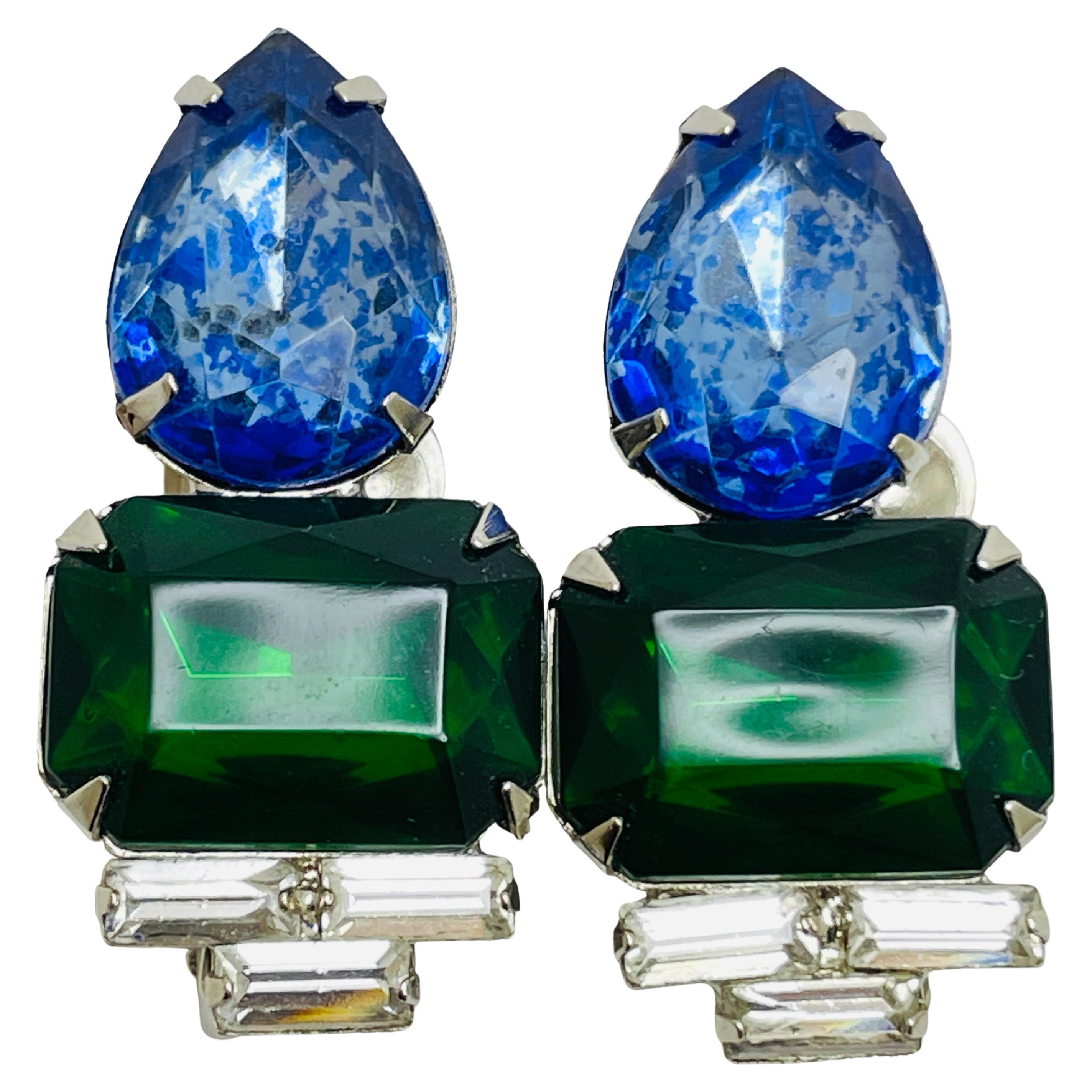 Orecchini a clip in argento vintage con smeraldo e zaffiro in vetro di design