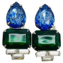 Orecchini a clip in argento vintage con smeraldo e zaffiro in vetro di design
