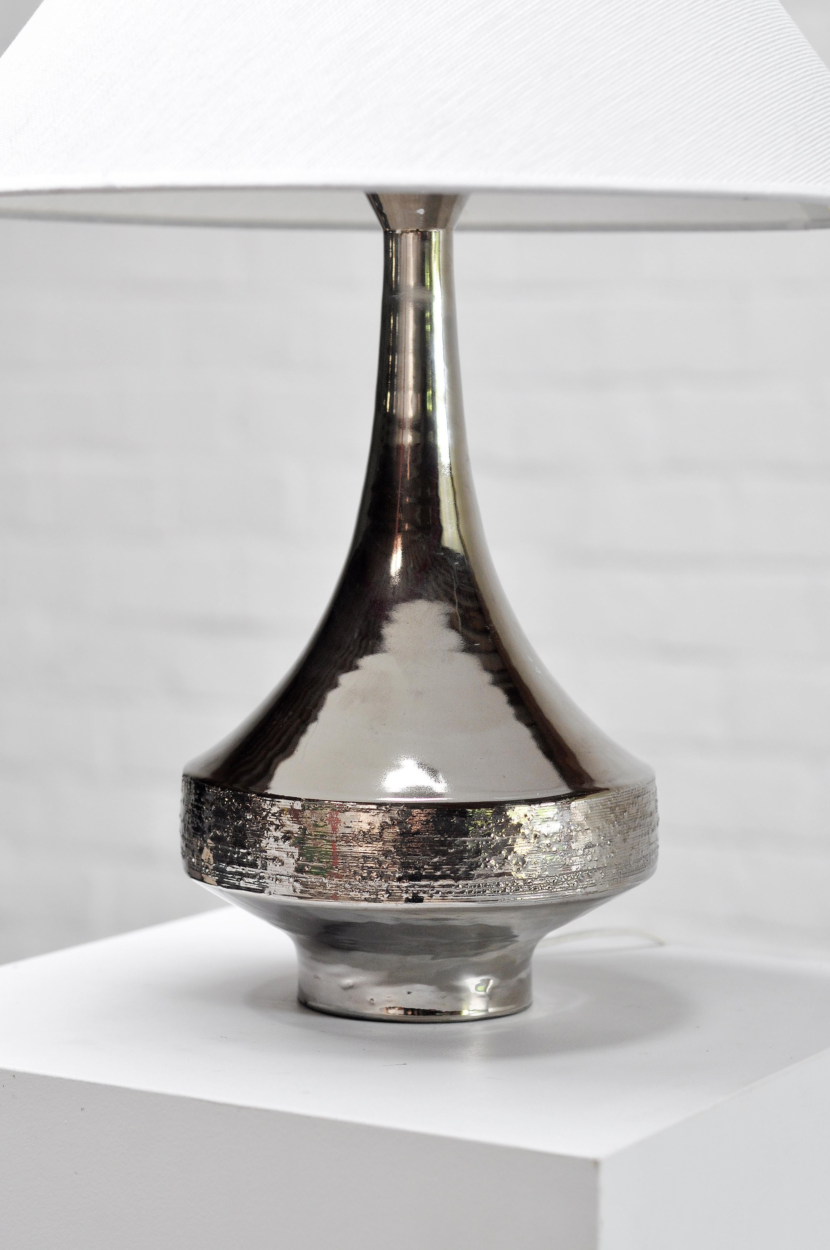 Vintage Silver Enamelled Ceramic Table Lamp By Perignem, 1970s For Sale 5