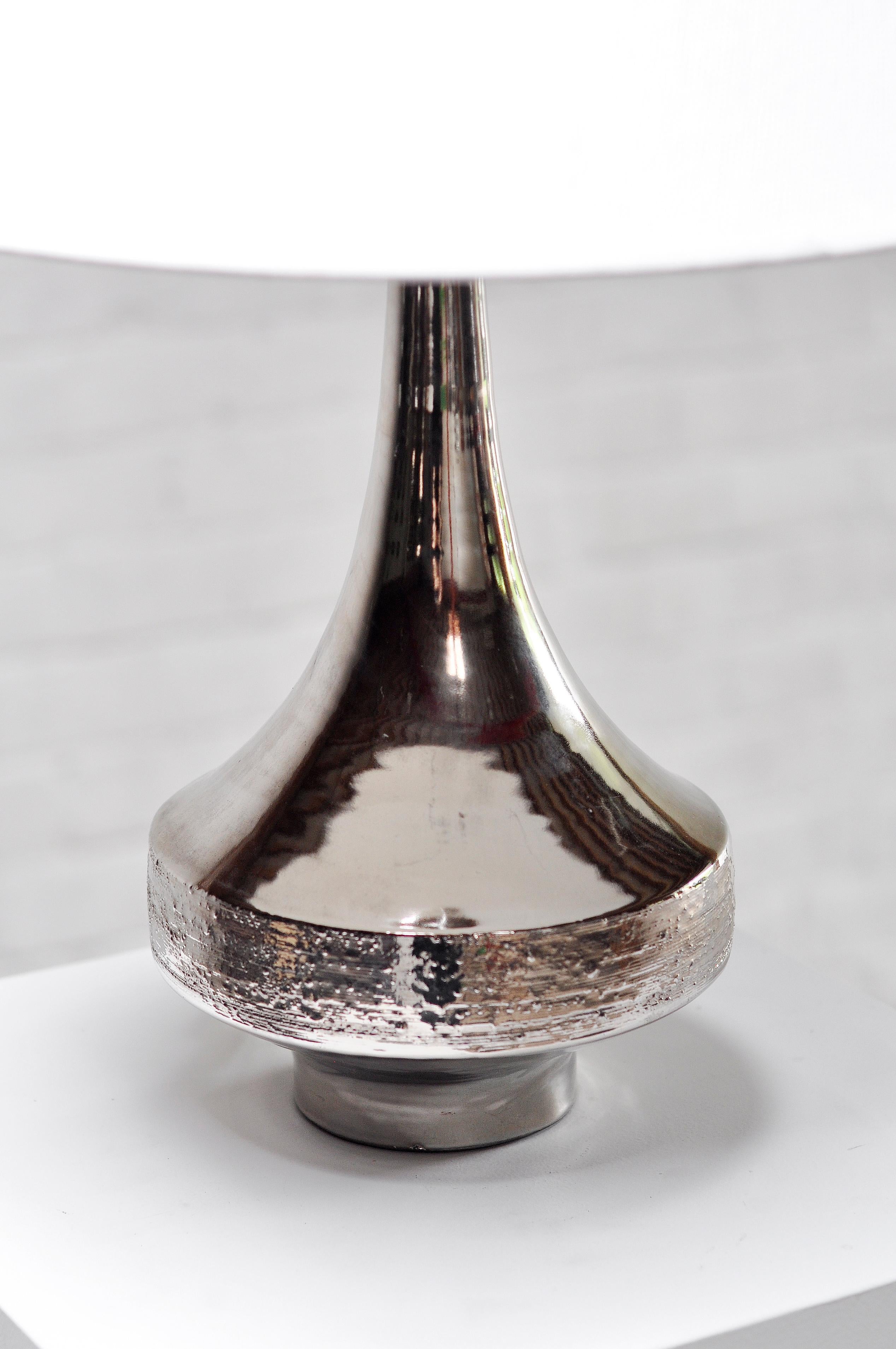 Vintage Silver Enamelled Ceramic Table Lamp By Perignem, 1970s For Sale 1