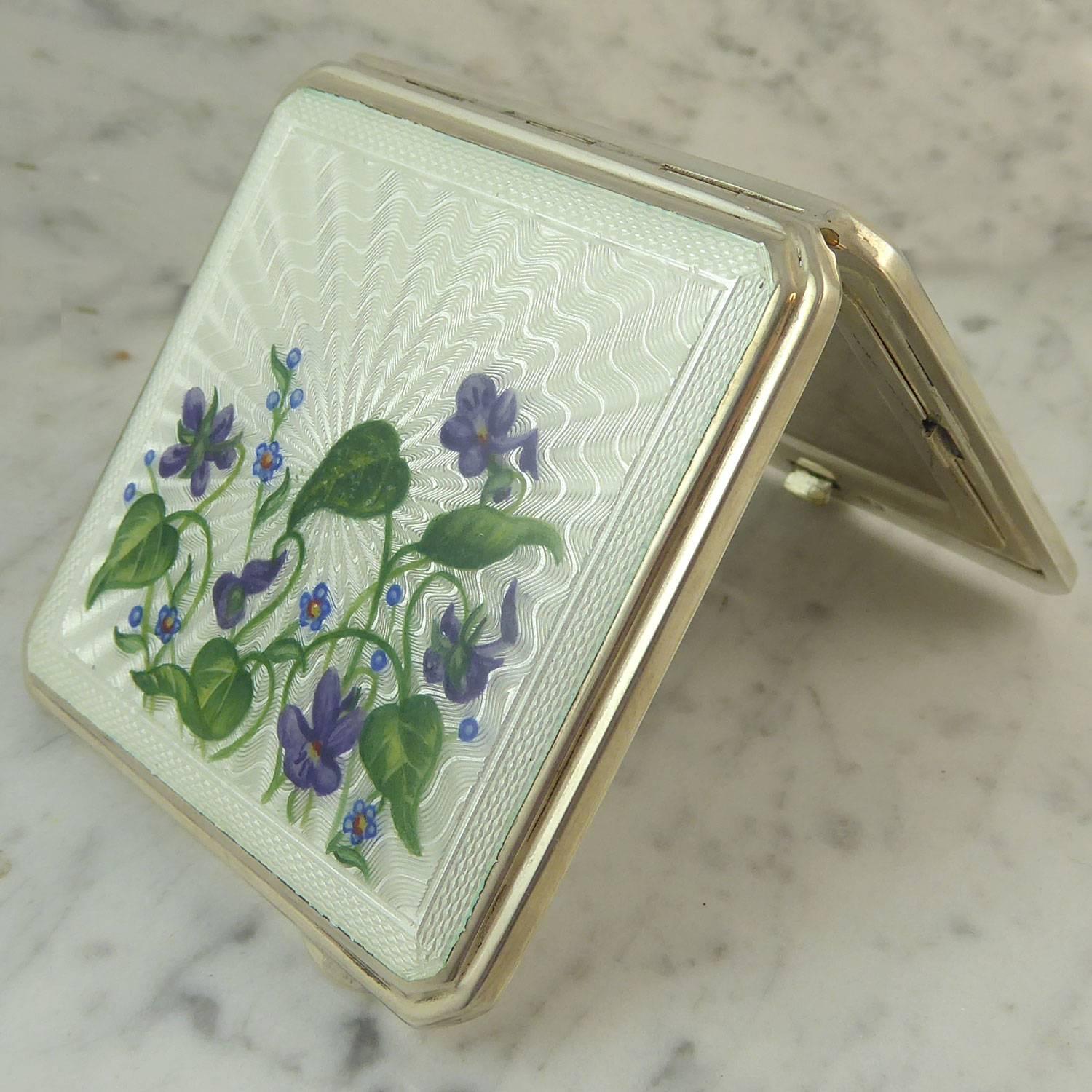 Vintage Silver & Enamelled Floral Powder Compact with Mirror, Hallmarked, 1952 3