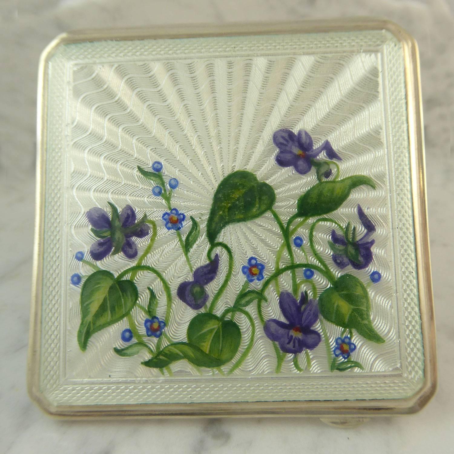 Vintage Silver & Enamelled Floral Powder Compact with Mirror, Hallmarked, 1952 4