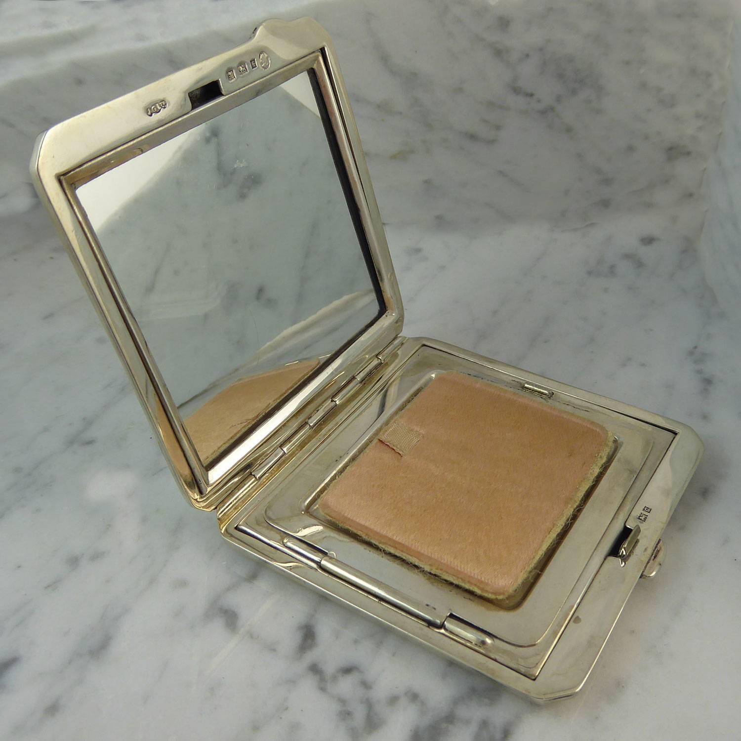 Women's Vintage Silver & Enamelled Floral Powder Compact with Mirror, Hallmarked, 1952
