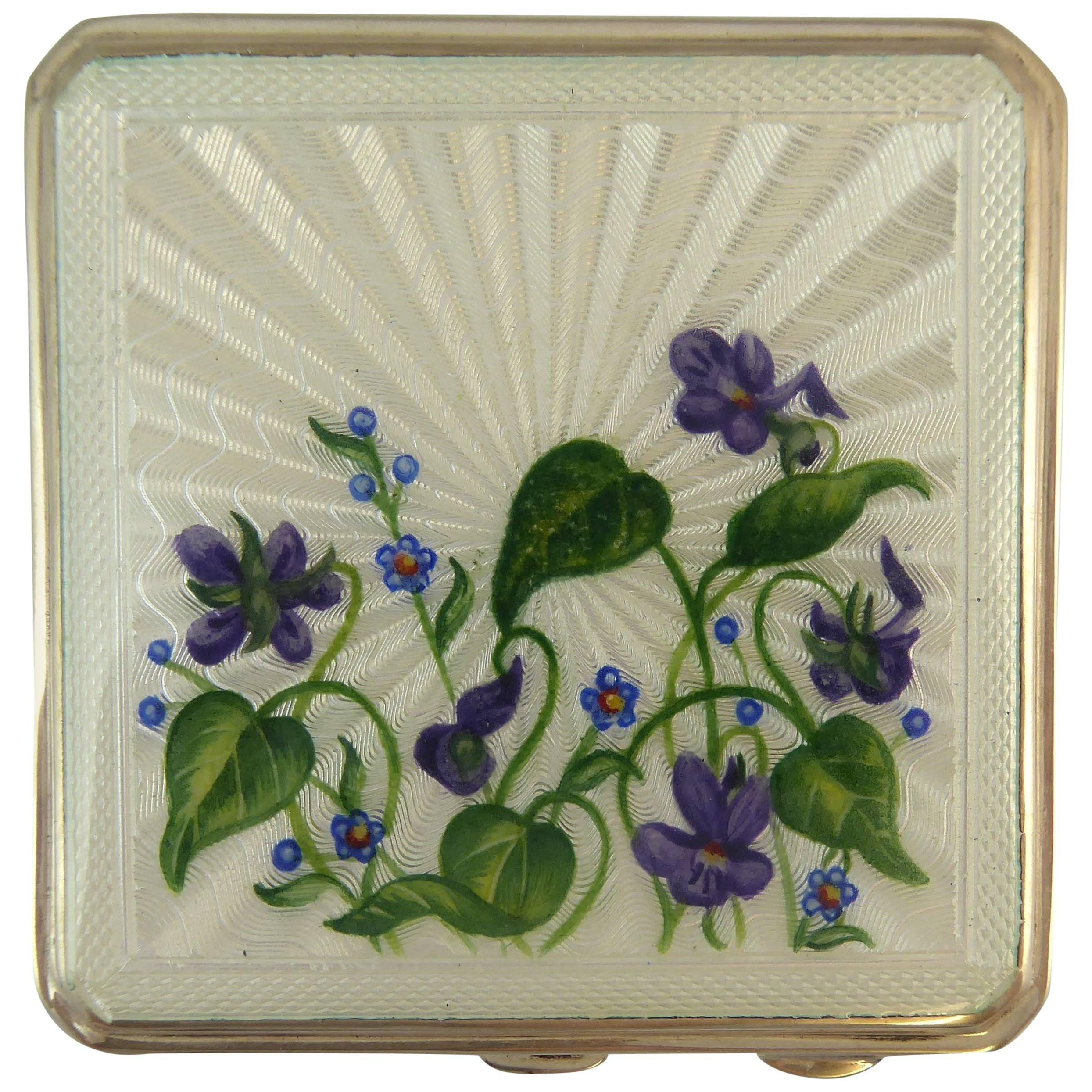 Vintage Silver & Enamelled Floral Powder Compact with Mirror, Hallmarked, 1952