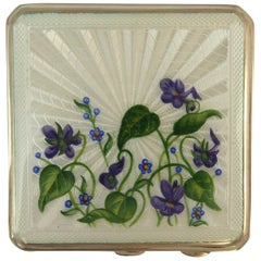 Vintage Silber & Emaillierte Blumenpuderdose mit Spiegel:: gestempelt:: 1952