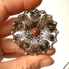 Vintage Silver Filigree and Coral Lapel Pin Brooch