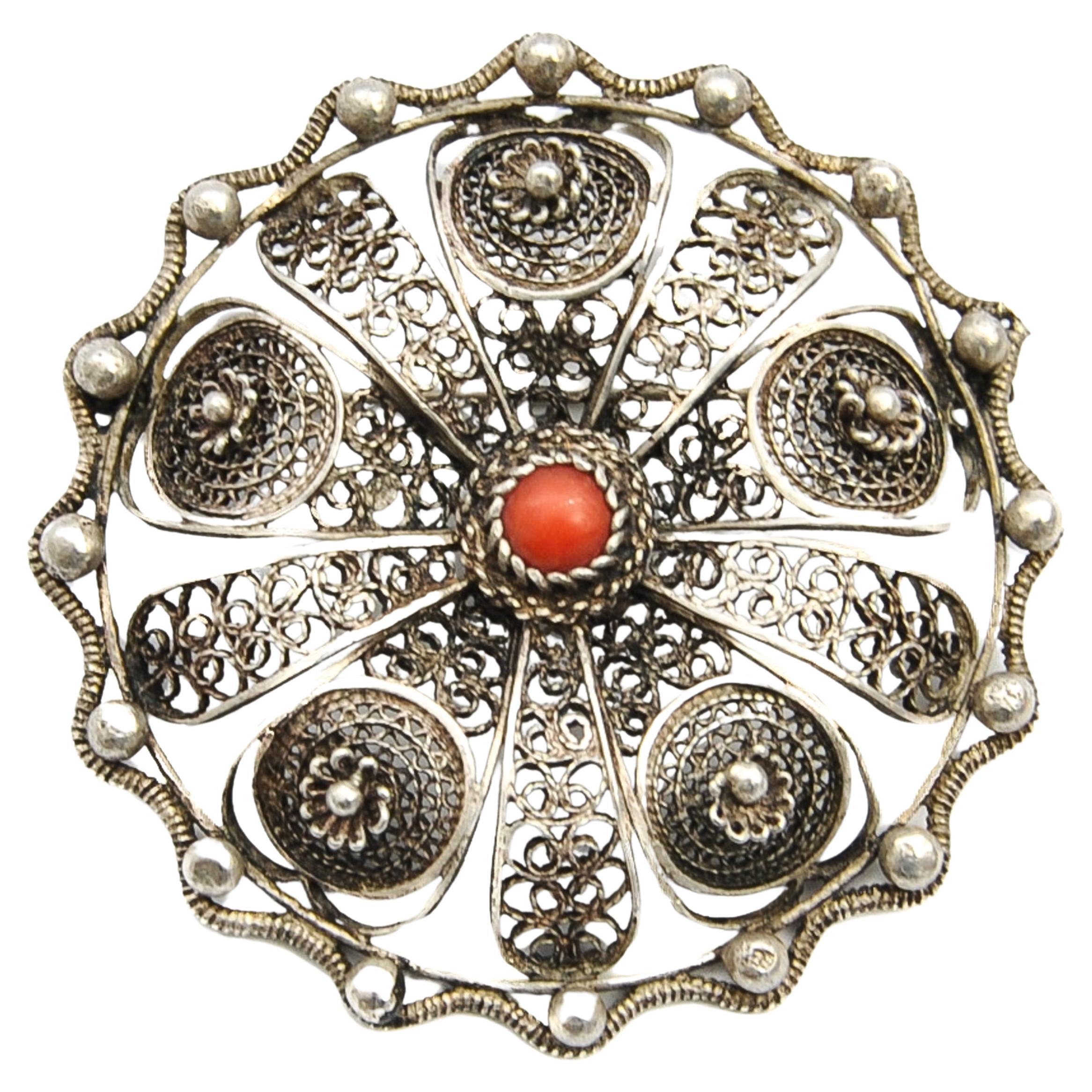 Vintage Silver Filigree and Coral Lapel Pin Brooch For Sale