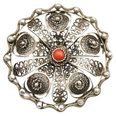 Vintage Silver Filigree and Coral Lapel Pin Brooch