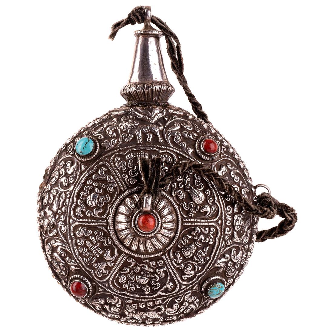 Vintage Silver Flask, Tibet, Early 20th Century