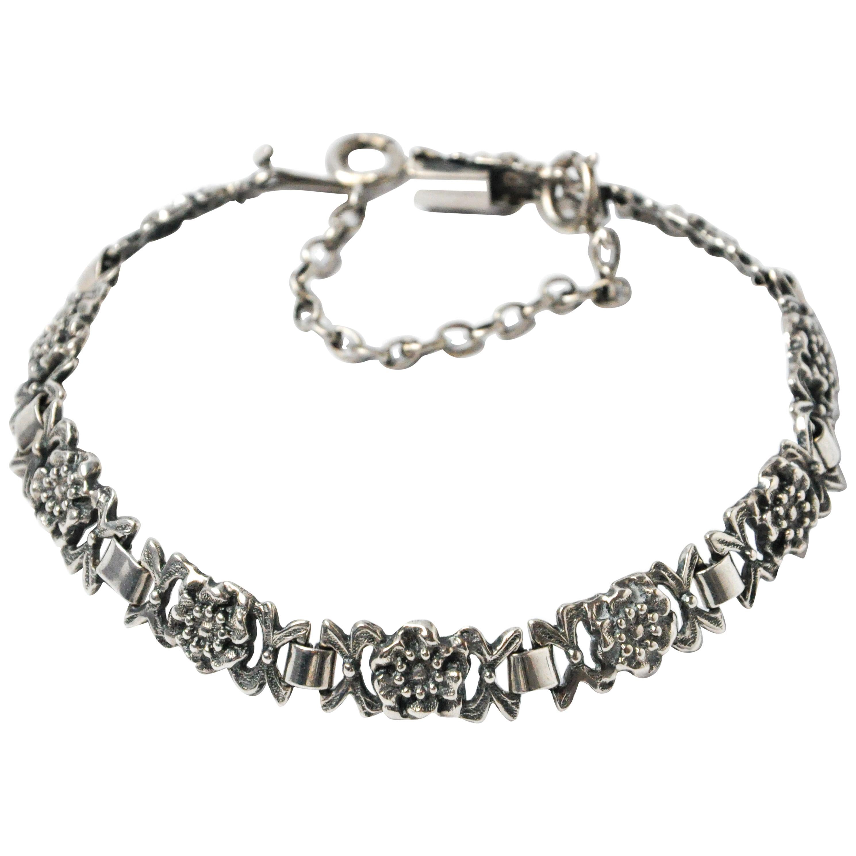 Biedermeier Style Floral Silver Link Bracelet