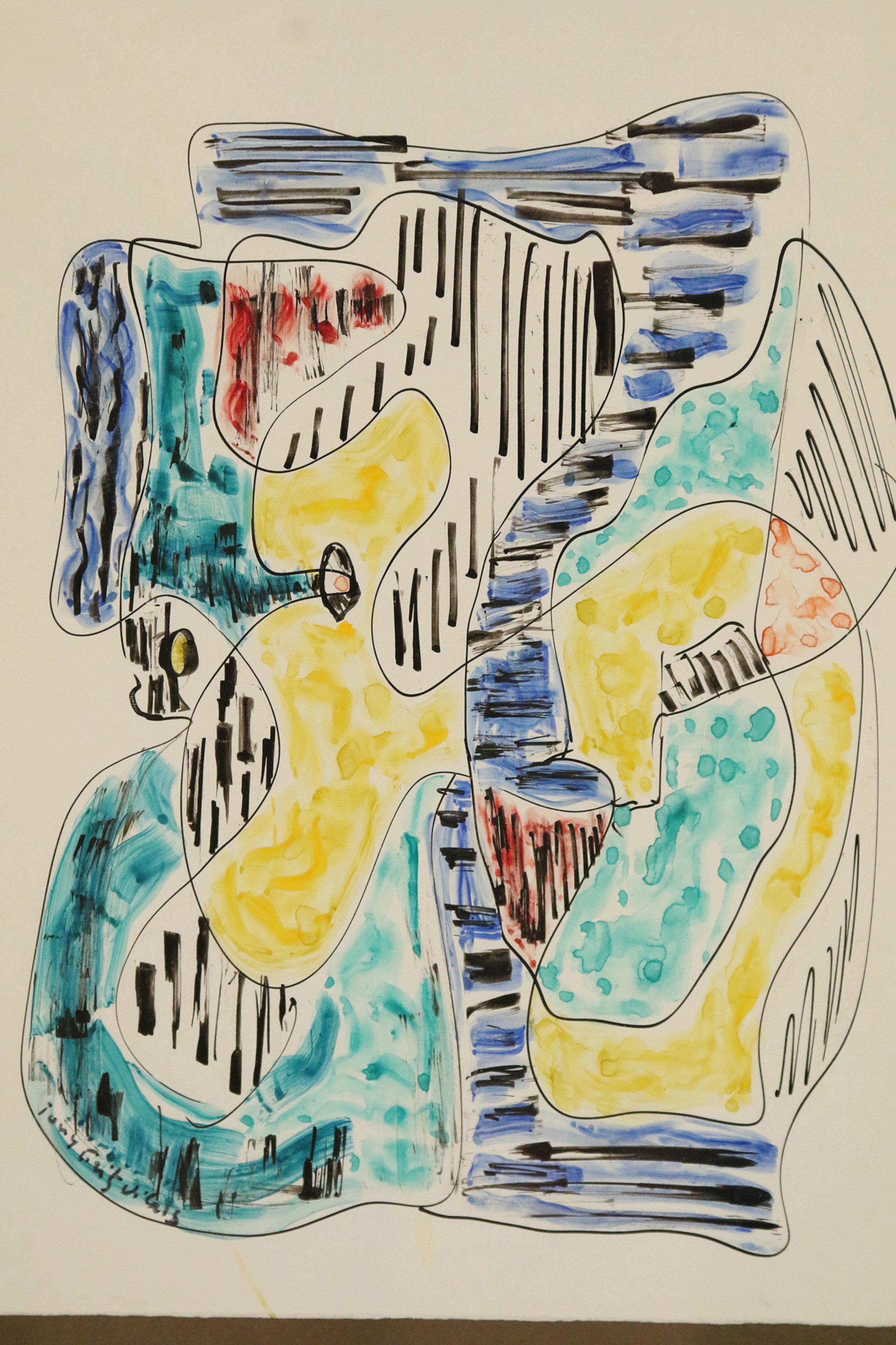 Vintage abstract pen and watercolor painting of multi-colored lines and squiggles in a silver rectangular frame (Companion pieces: 062753, 062754. 062756) (by TONY FRITZ-VILARS).