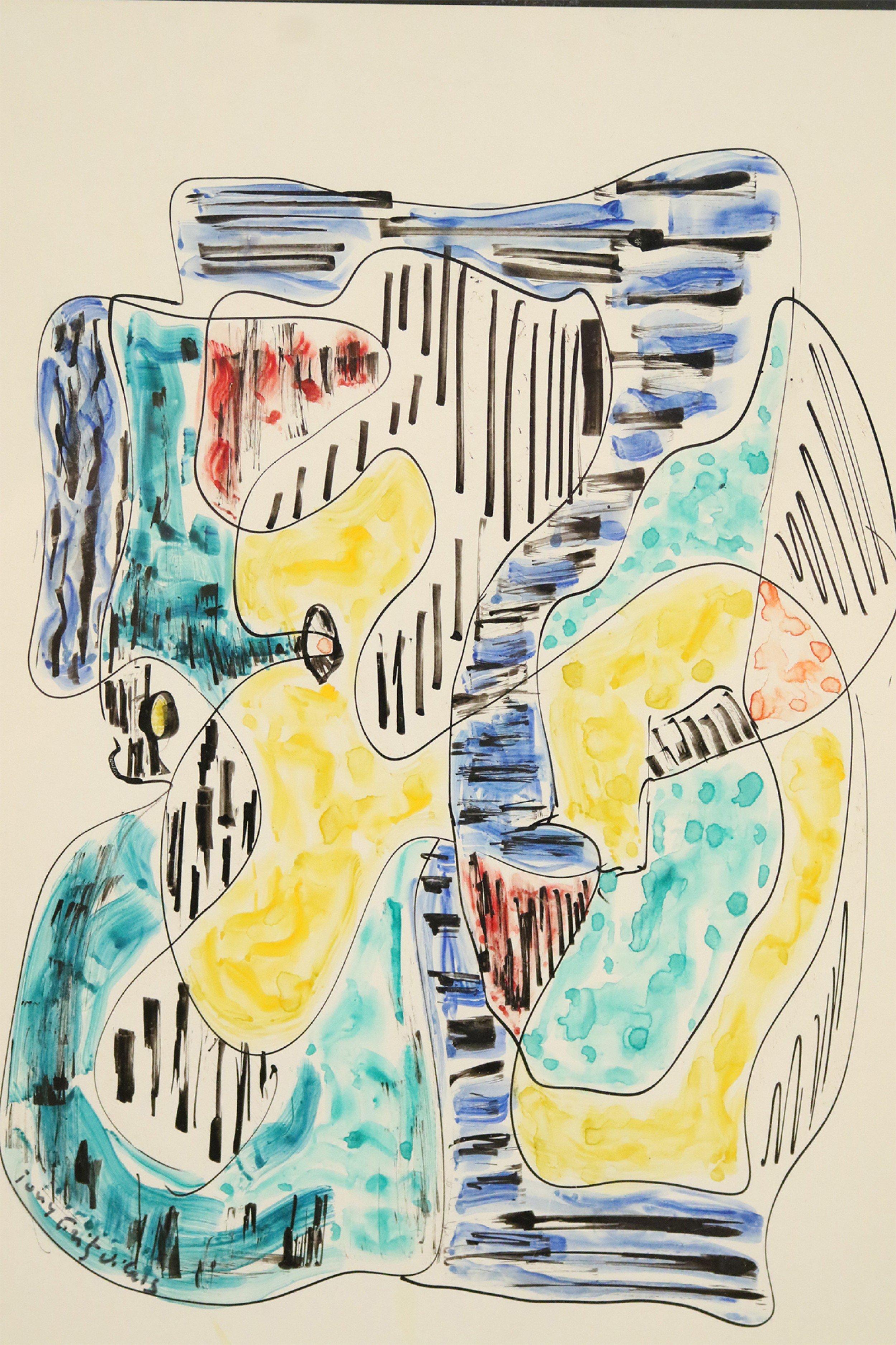 Mid-Century Modern Vintage Silver Framed Abstract Multi-colored Pen and Watercolor Painting