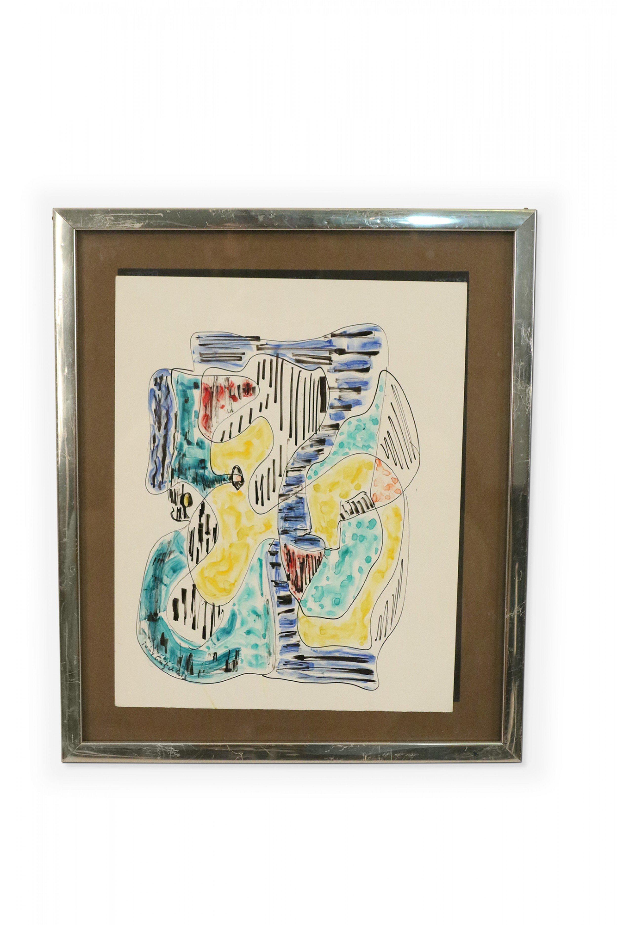 American Vintage Silver Framed Abstract Multi-colored Pen and Watercolor Painting