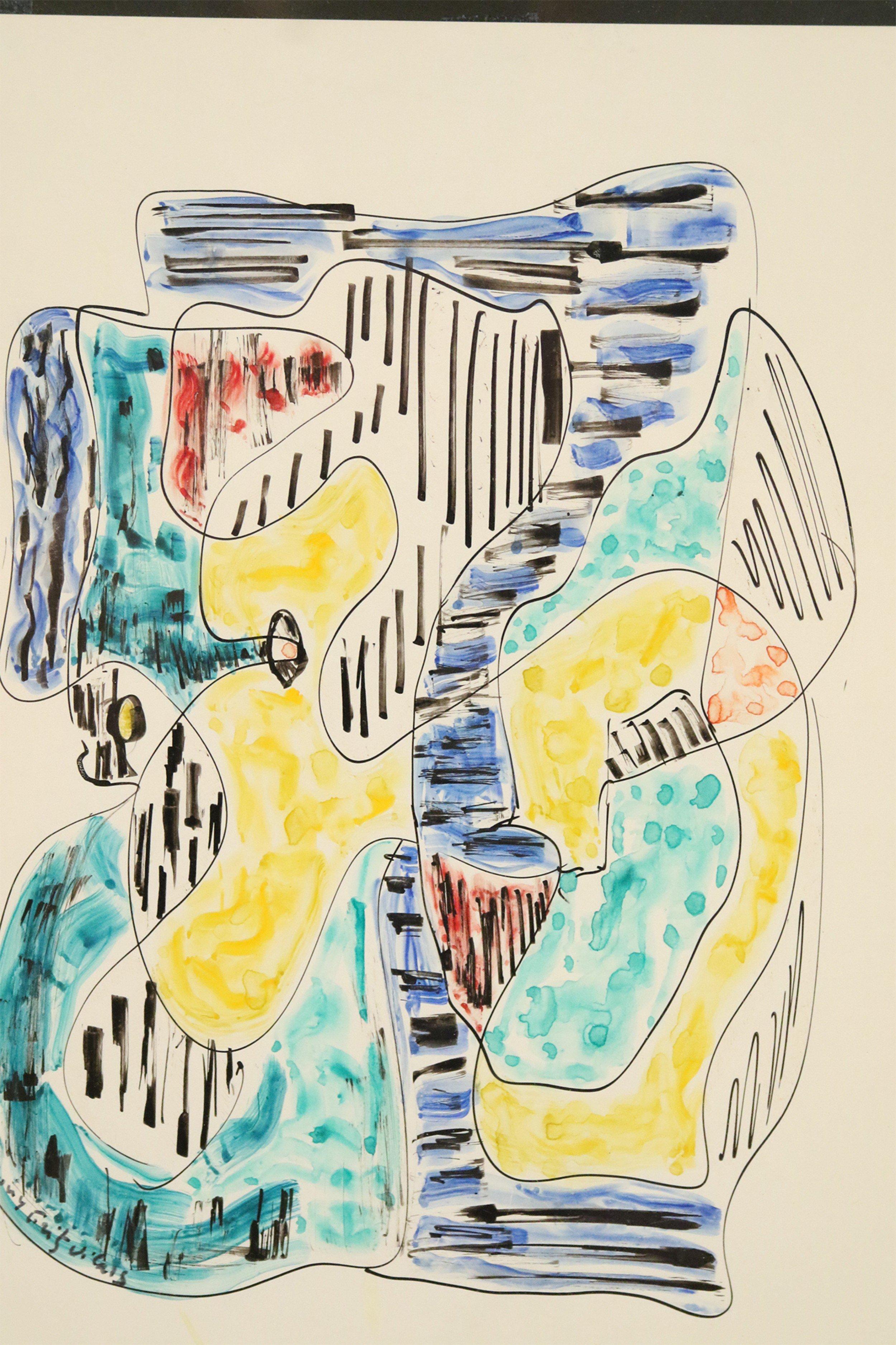 Vintage Silver Framed Abstract Multi-colored Pen and Watercolor Painting In Good Condition In Queens, NY