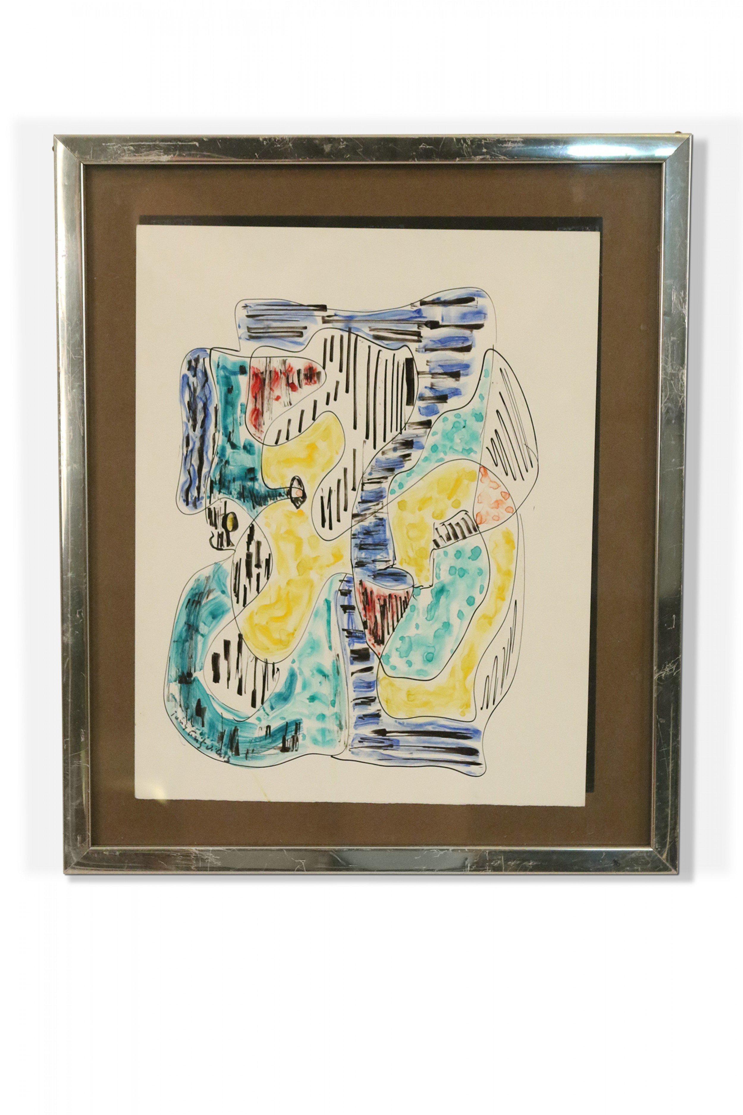 20th Century Vintage Silver Framed Abstract Multi-colored Pen and Watercolor Painting