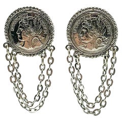 Vintage Silver French Coin Chain Earrings 1990s