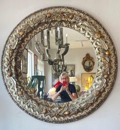 Vintage A Silver & Gilt Carved Large Round Wall Mirror (miroir mural rond)