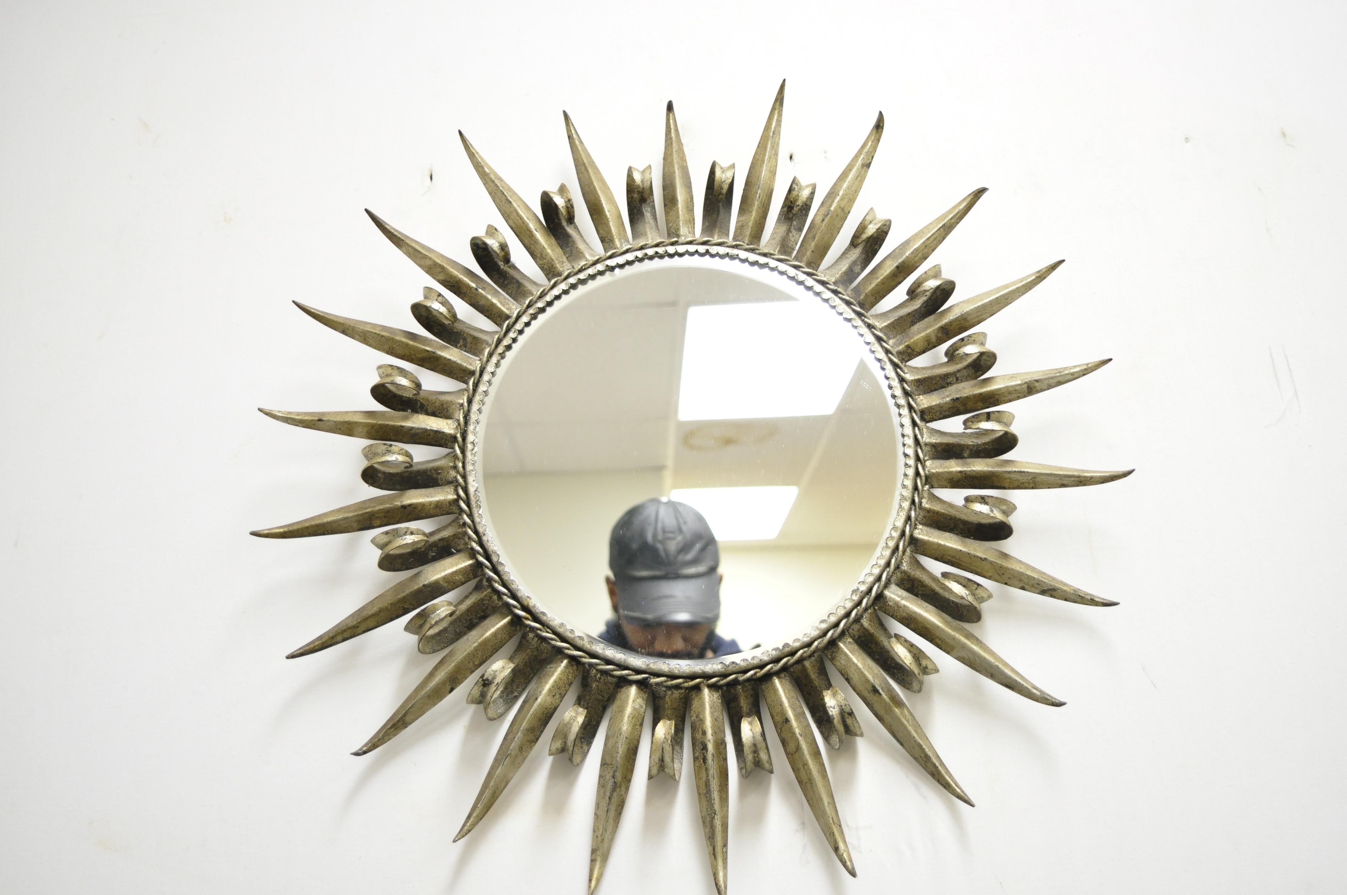 Vintage Silver Gilt Metal Hollywood Regency Italian Round Sunburst Wall Mirror 4