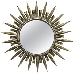 Vintage Silver Gilt Metal Hollywood Regency Italian Round Sunburst Wall Mirror