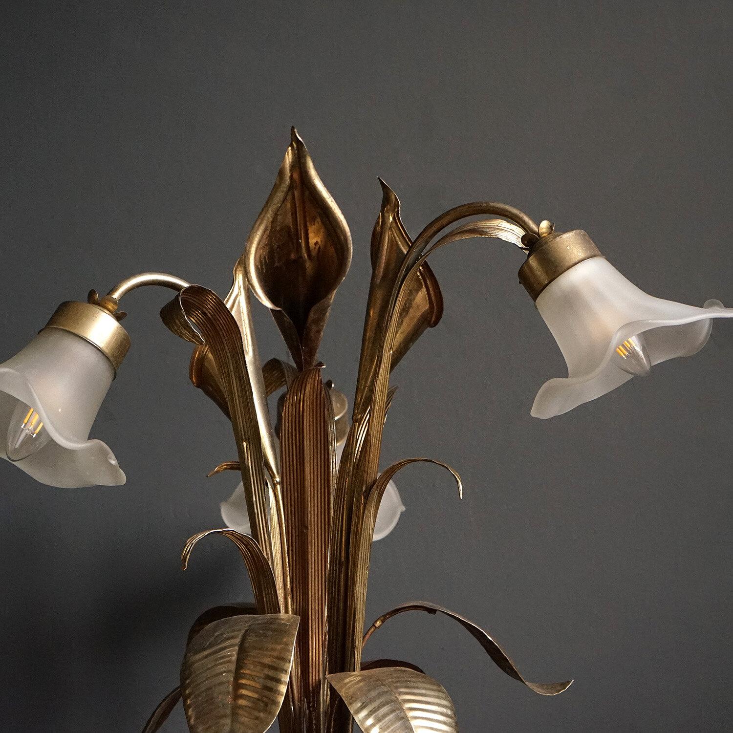 Vintage Silver Gilt Tole and Frosted Glass Calla Lily Table Lamp, circa 1940s 5