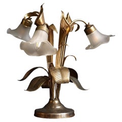 Vintage Silver Gilt Tole and Frosted Glass Calla Lily Table Lamp, circa 1940s