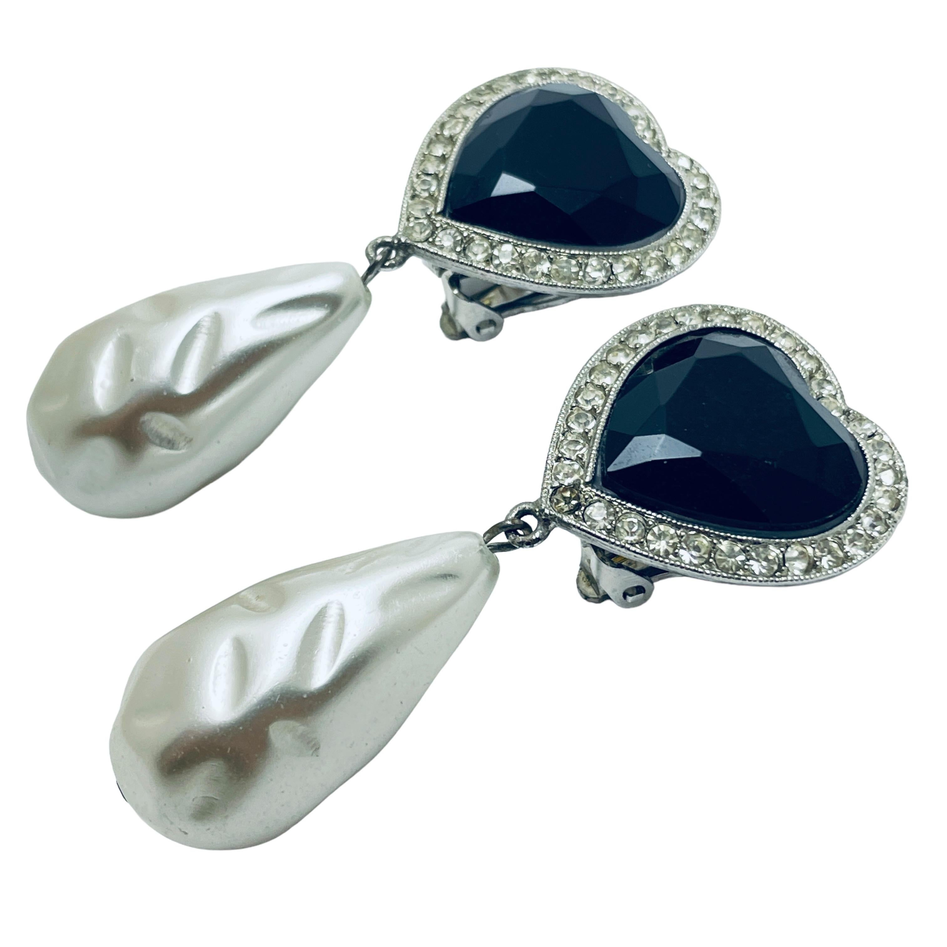 Women's or Men's Vintage silver glass heart drop pearl designer runway clip on earrings For Sale