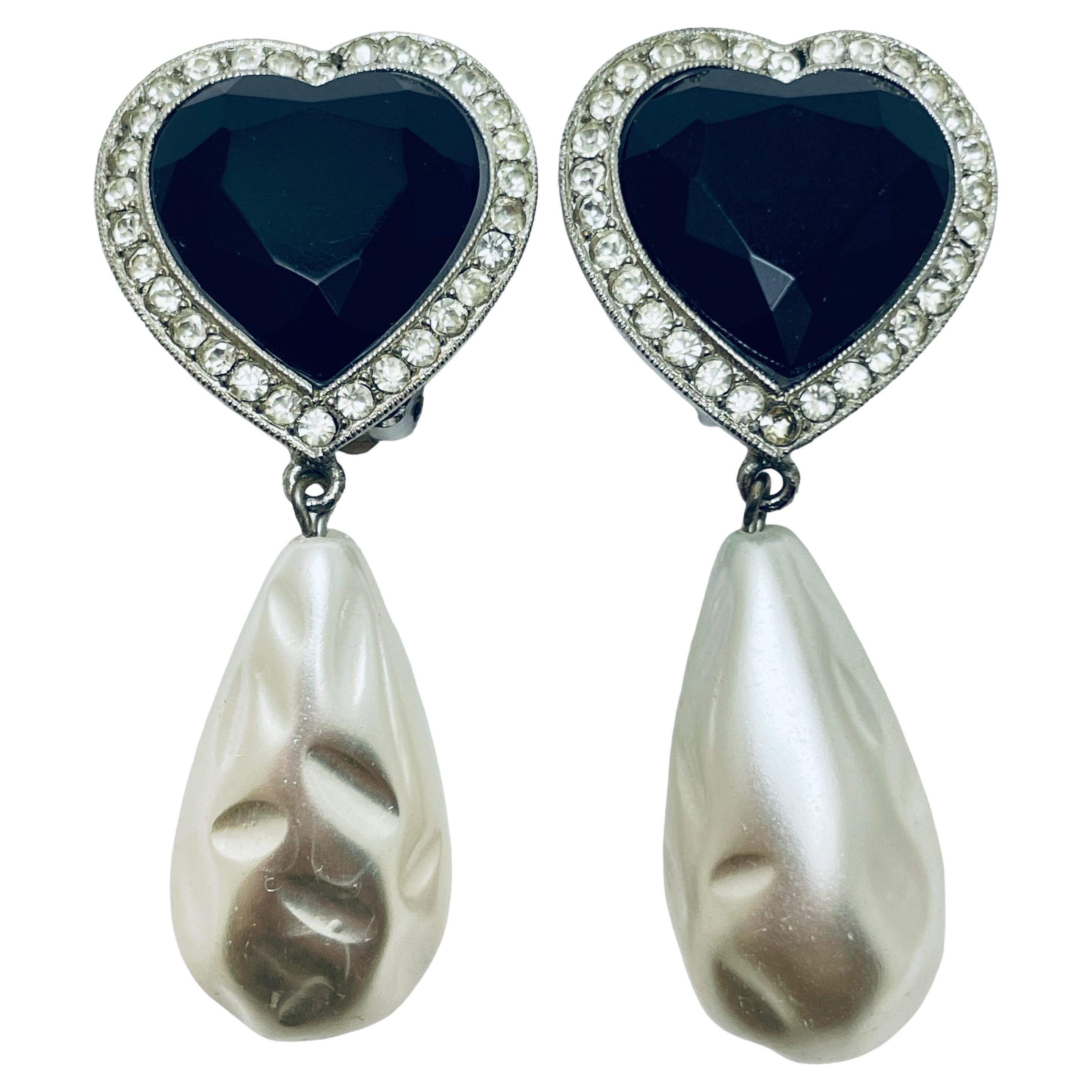 Vintage silver glass heart drop pearl designer runway clip on earrings For Sale