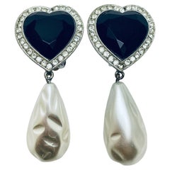 Vintage silver glass heart drop pearl designer runway clip on earrings