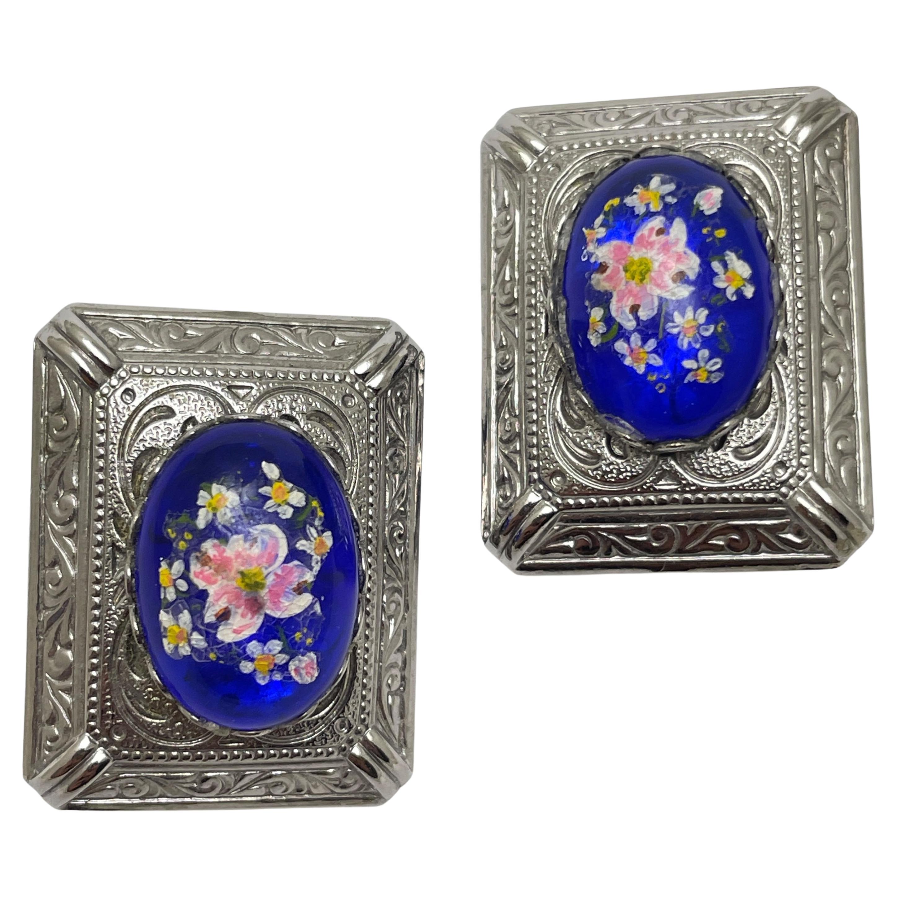Vintage silver glass painted flowers designer clip on earrings