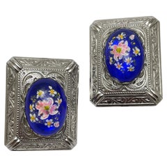 Vintage silver glass painted flowers designer clip on earrings
