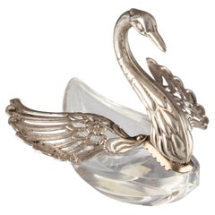 Vintage Silver Glass Salt Cellar Container Swan Dining Accessory
