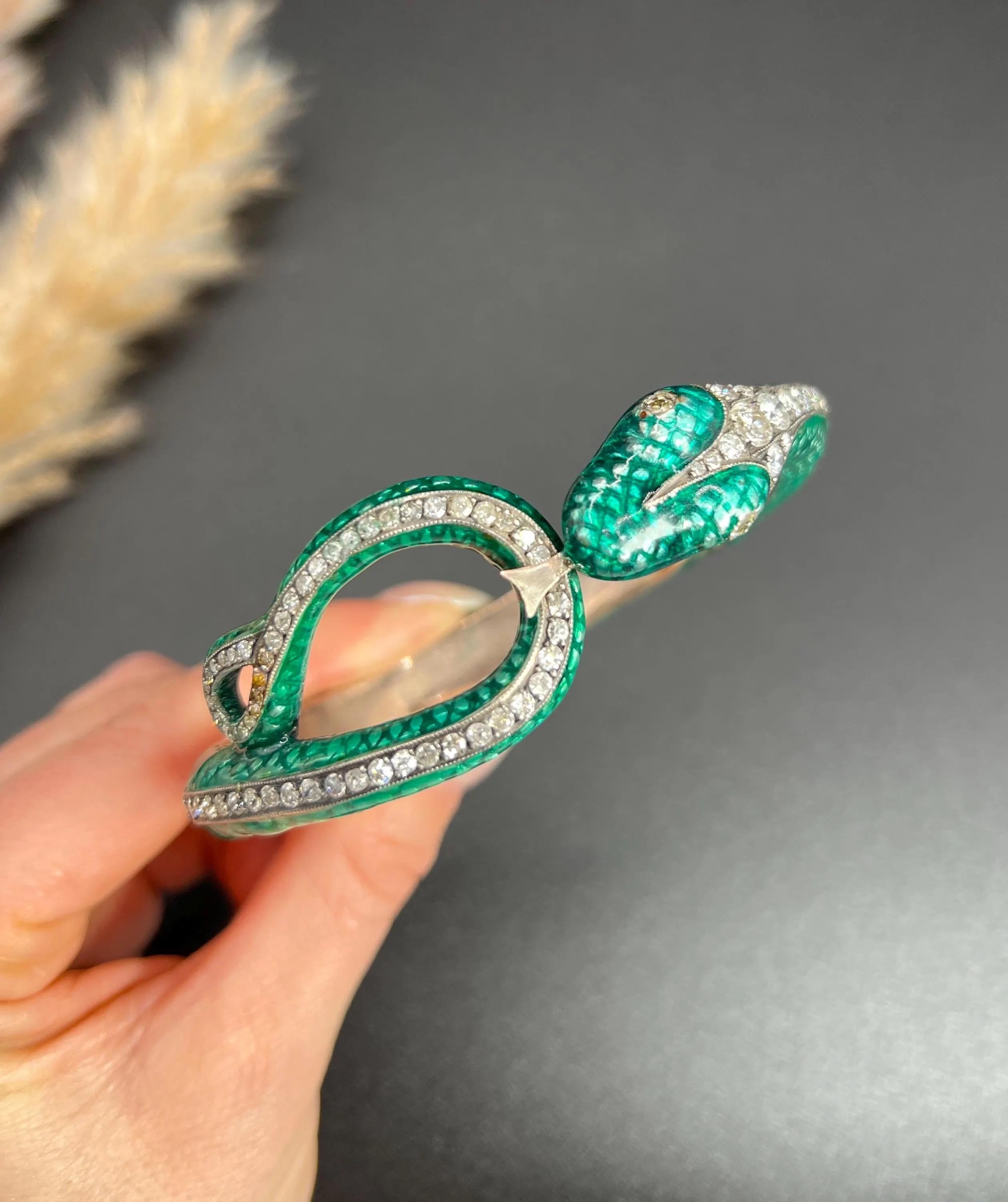 Vintage-Schlangenarmband aus Silber und Gold, 1980er Jahre, grüne Emaille und 6 Karat Diamanten im Angebot 5