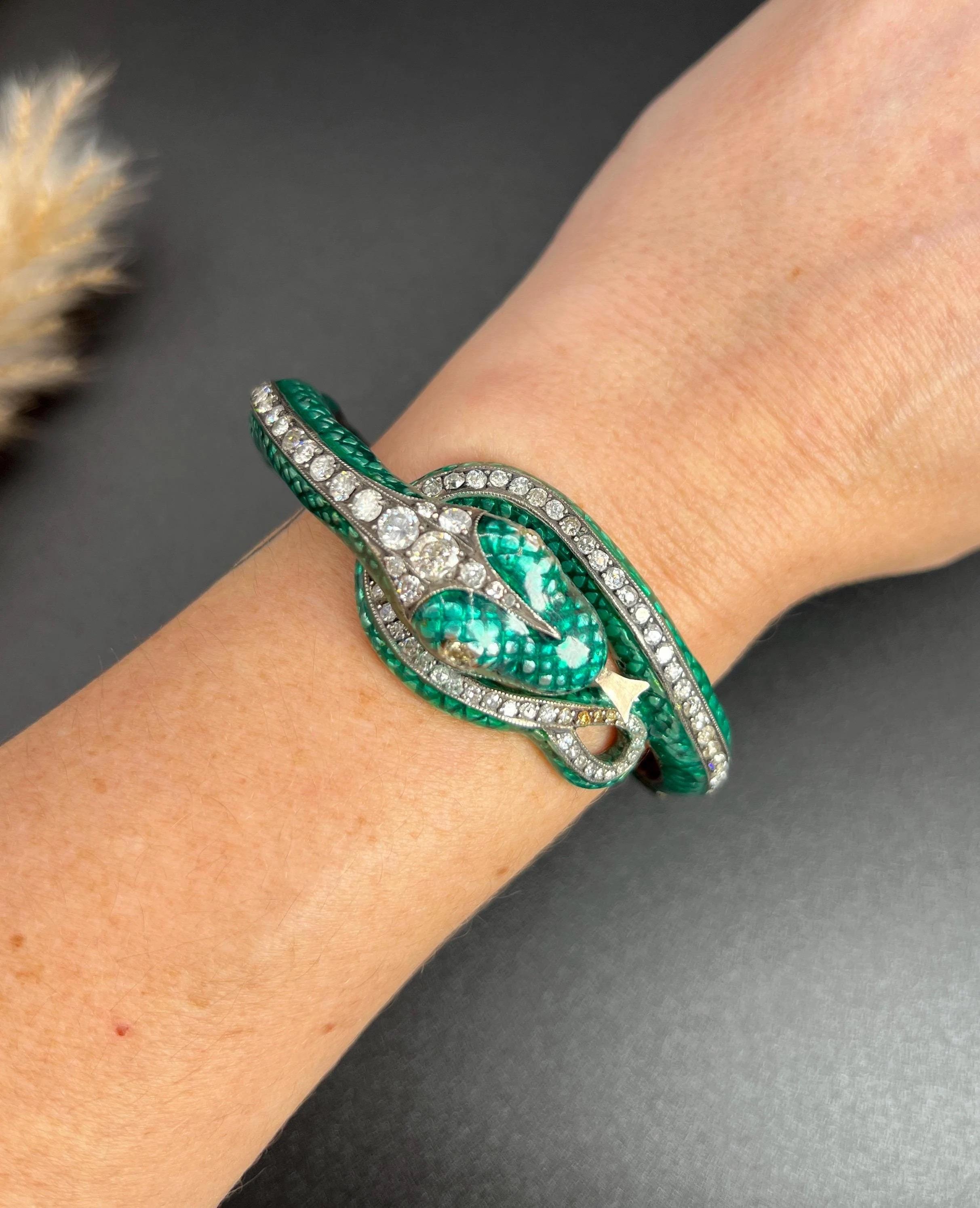Vintage-Schlangenarmband aus Silber und Gold, 1980er Jahre, grüne Emaille und 6 Karat Diamanten im Angebot 6