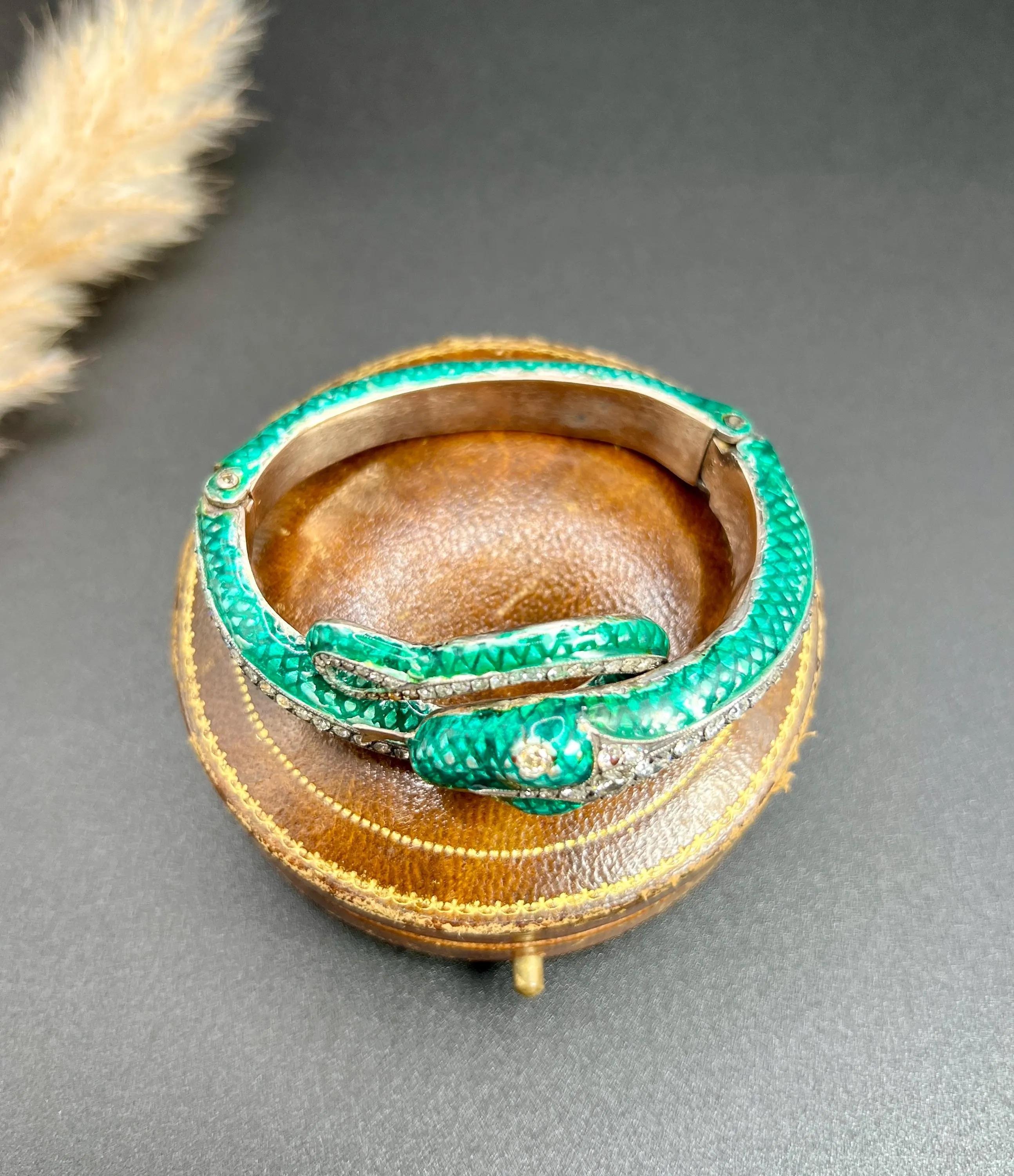 Vintage-Schlangenarmband aus Silber und Gold, 1980er Jahre, grüne Emaille und 6 Karat Diamanten für Damen oder Herren im Angebot