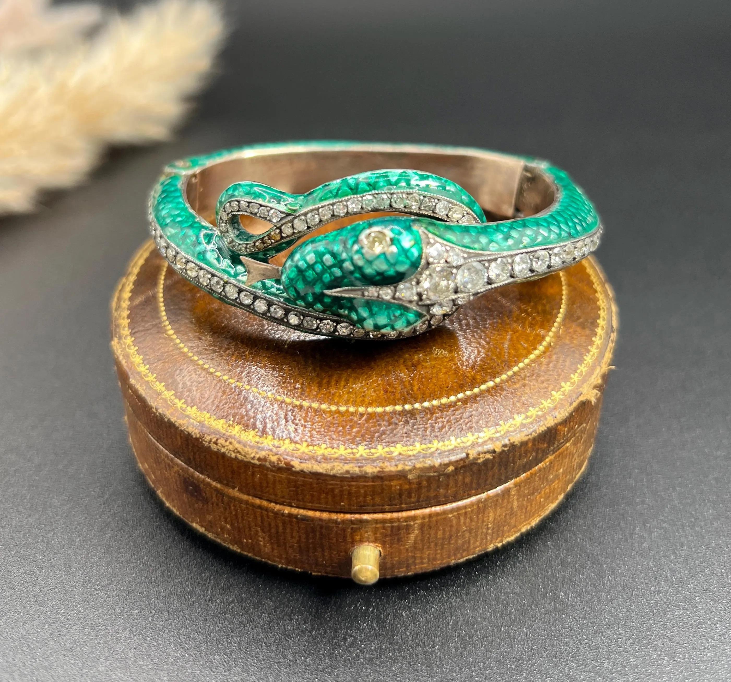 Vintage-Schlangenarmband aus Silber und Gold, 1980er Jahre, grüne Emaille und 6 Karat Diamanten im Angebot 1