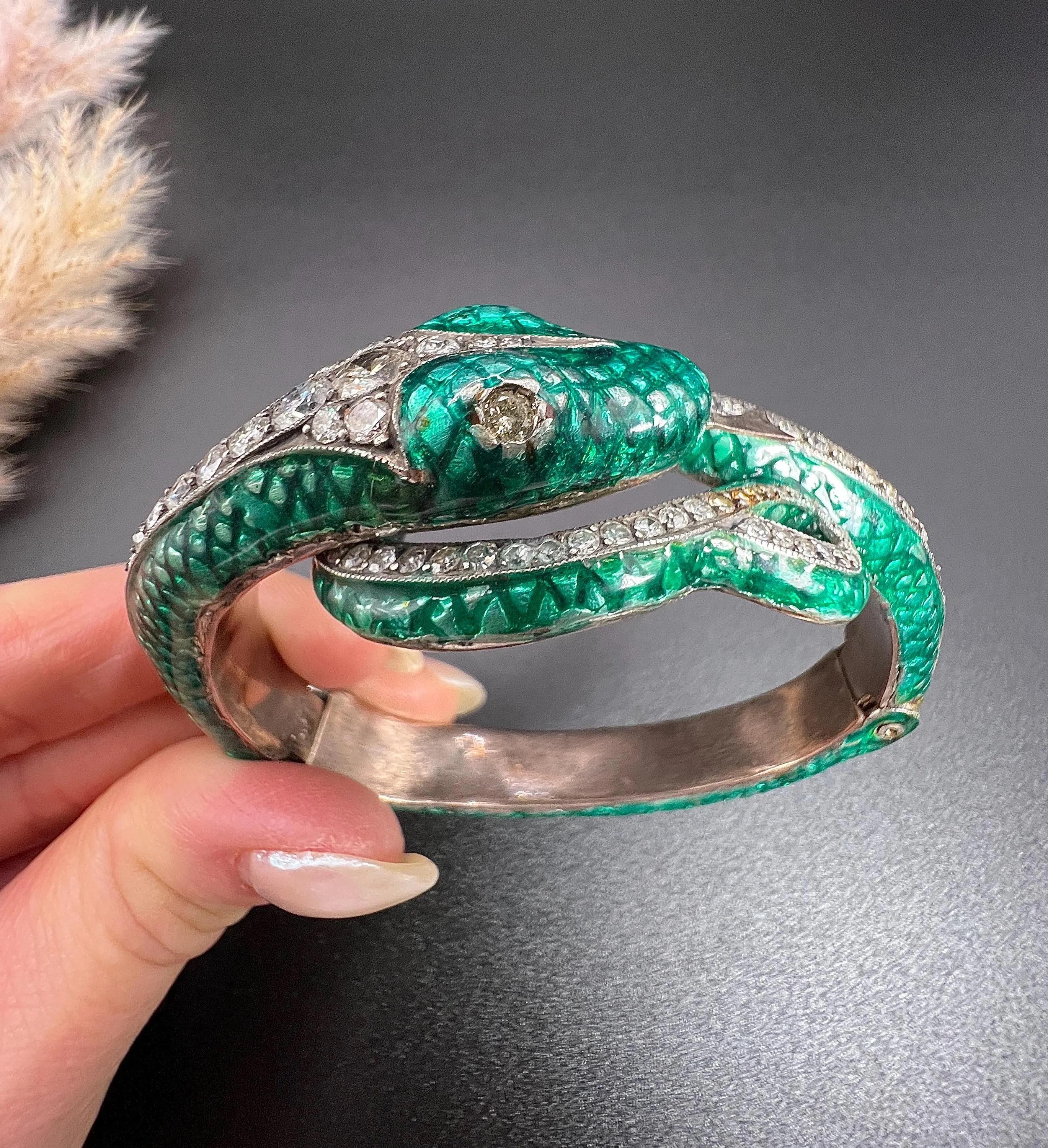 Vintage-Schlangenarmband aus Silber und Gold, 1980er Jahre, grüne Emaille und 6 Karat Diamanten im Angebot 4