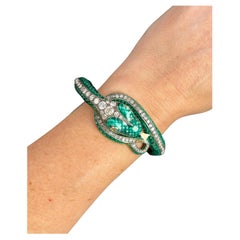 Vintage Silver & Gold, 1980s Green Enamel and 6 Carat Diamond Snake Bracelet