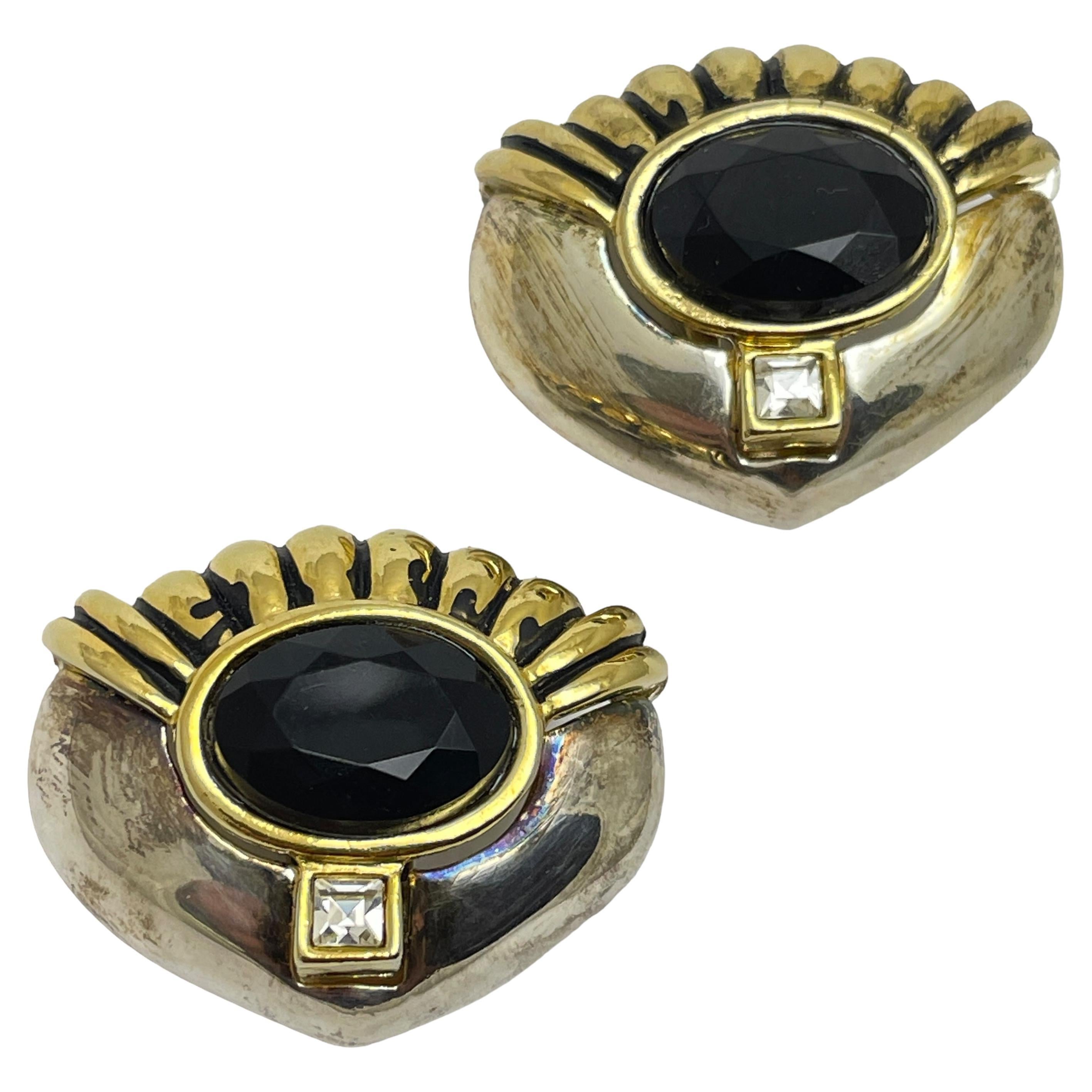 Vintage silver gold black glass designer clip on earrings