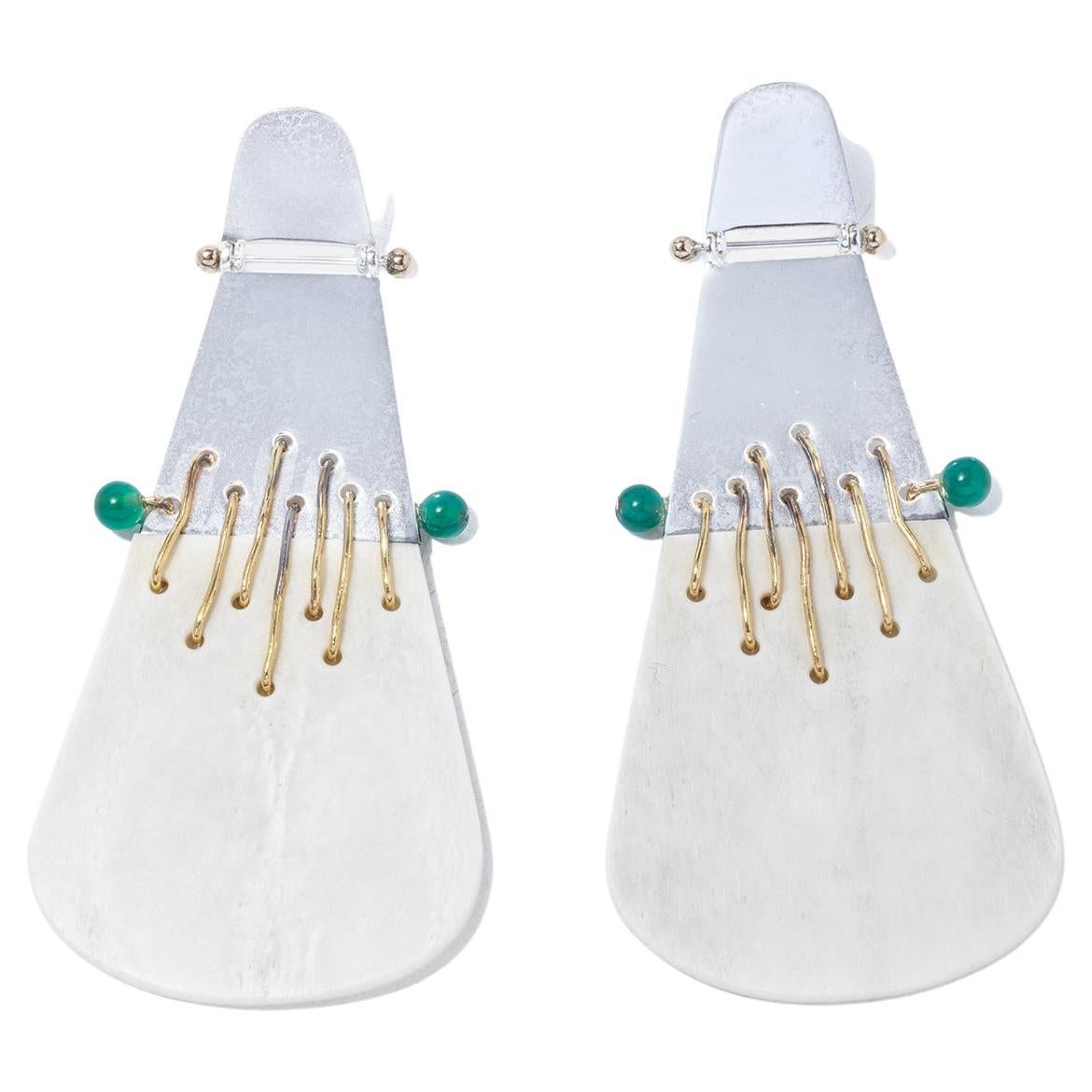 Vintage Silver, Gold, Chrysoprase and Antler Earrings by Suzanne Färnert For Sale