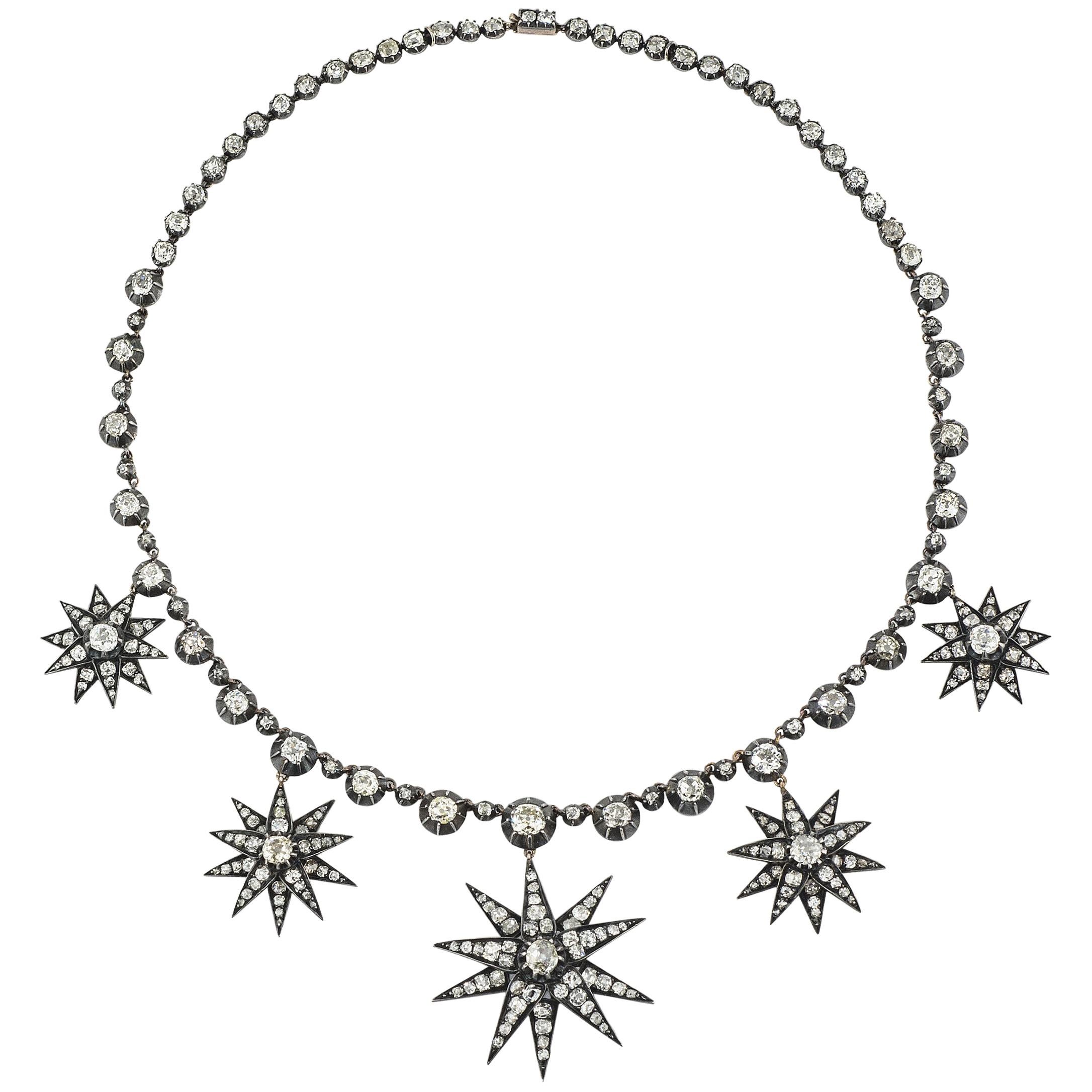 Vintage Diamond Silver and Gold Star Riviére Necklace, Circa 1880