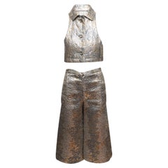 Vintage Silver & Gold Jeanne Lanvin Metallic Jacquard Top & Pant Set Size US S