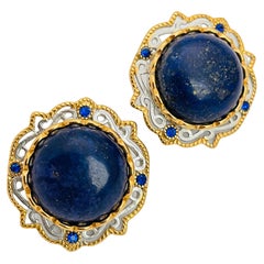 Vintage silver gold lapis stone stainless steel designer clip on earrings