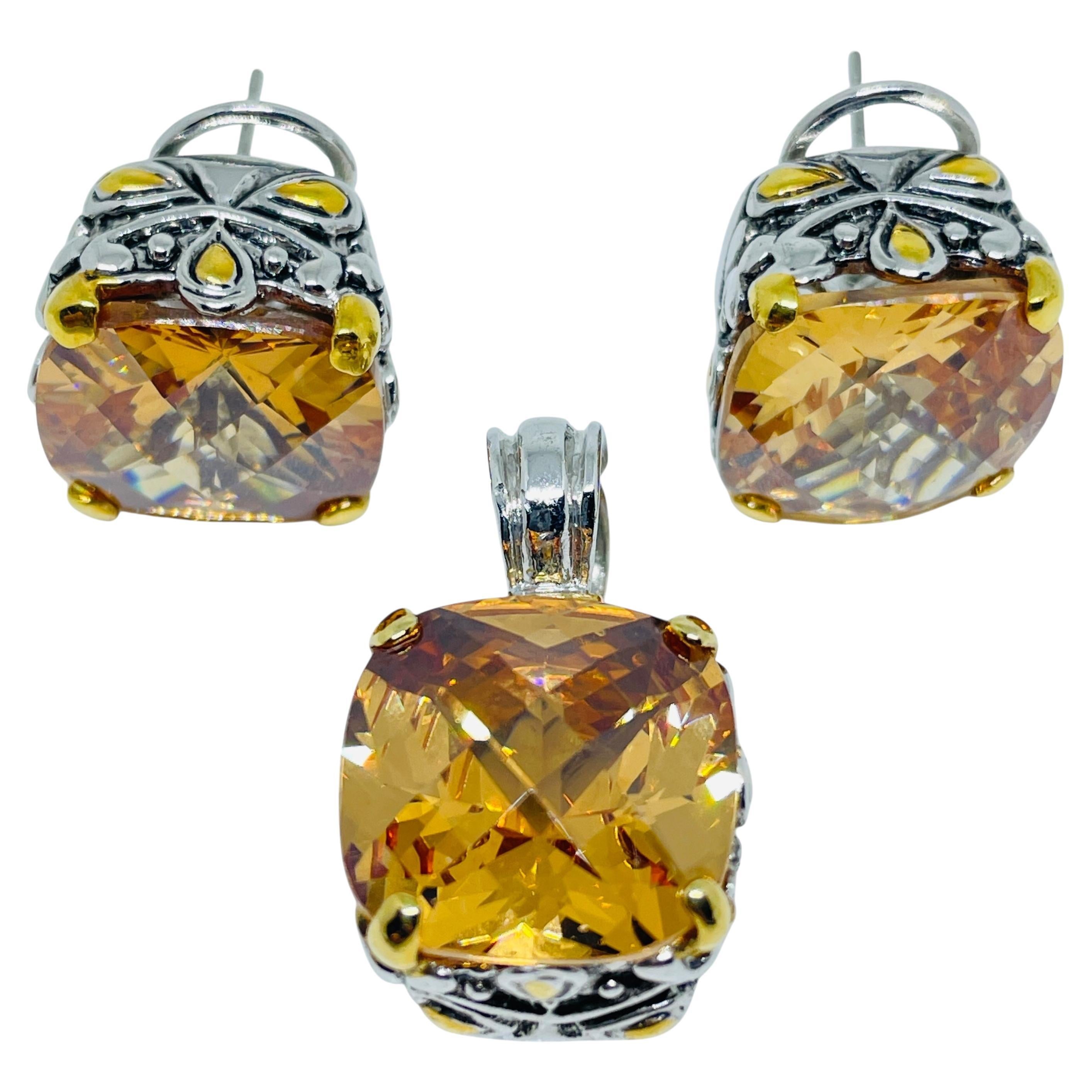 Vintage Silber Gold Ton Citrin Glas Ohrringe Anhänger Set im Angebot