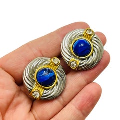 Vintage silver gold tone faux lapis rhinestone designer 80's clip on earrings