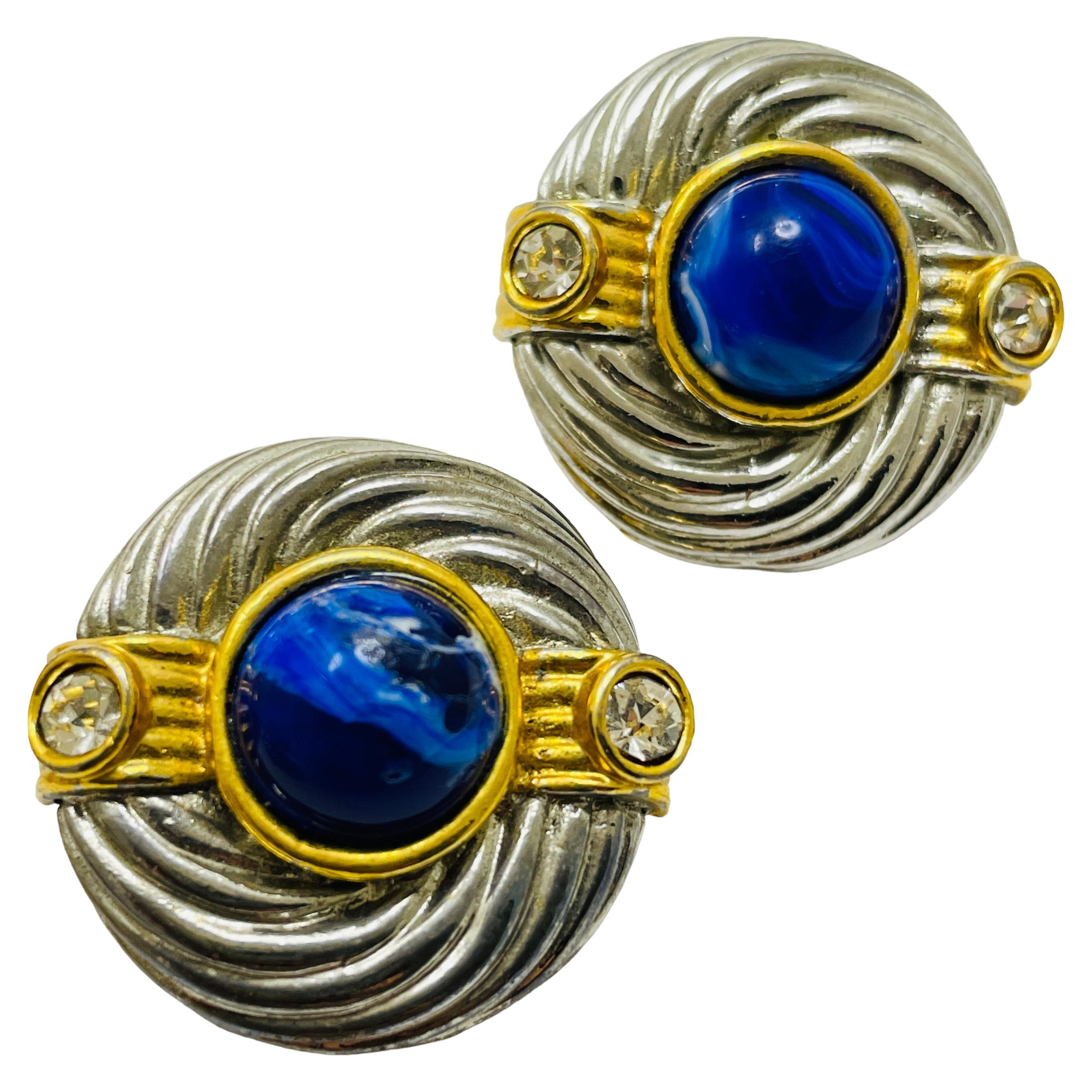 Vintage Silber Gold Ton faux Lapis Strass Designer 80er Jahre Clip auf Ohrringe