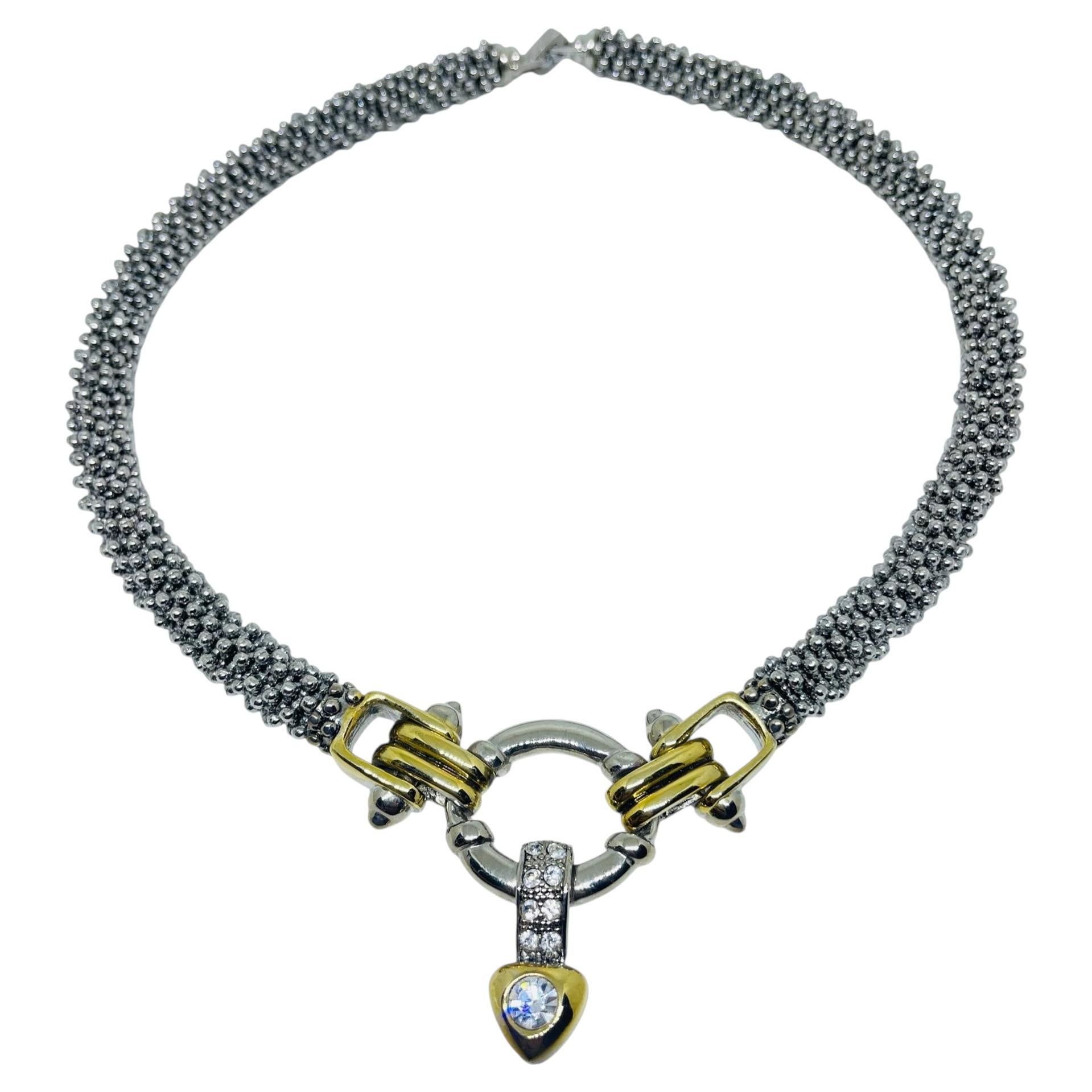 Collier vintage de créateur en argent plaqué or avec strass
