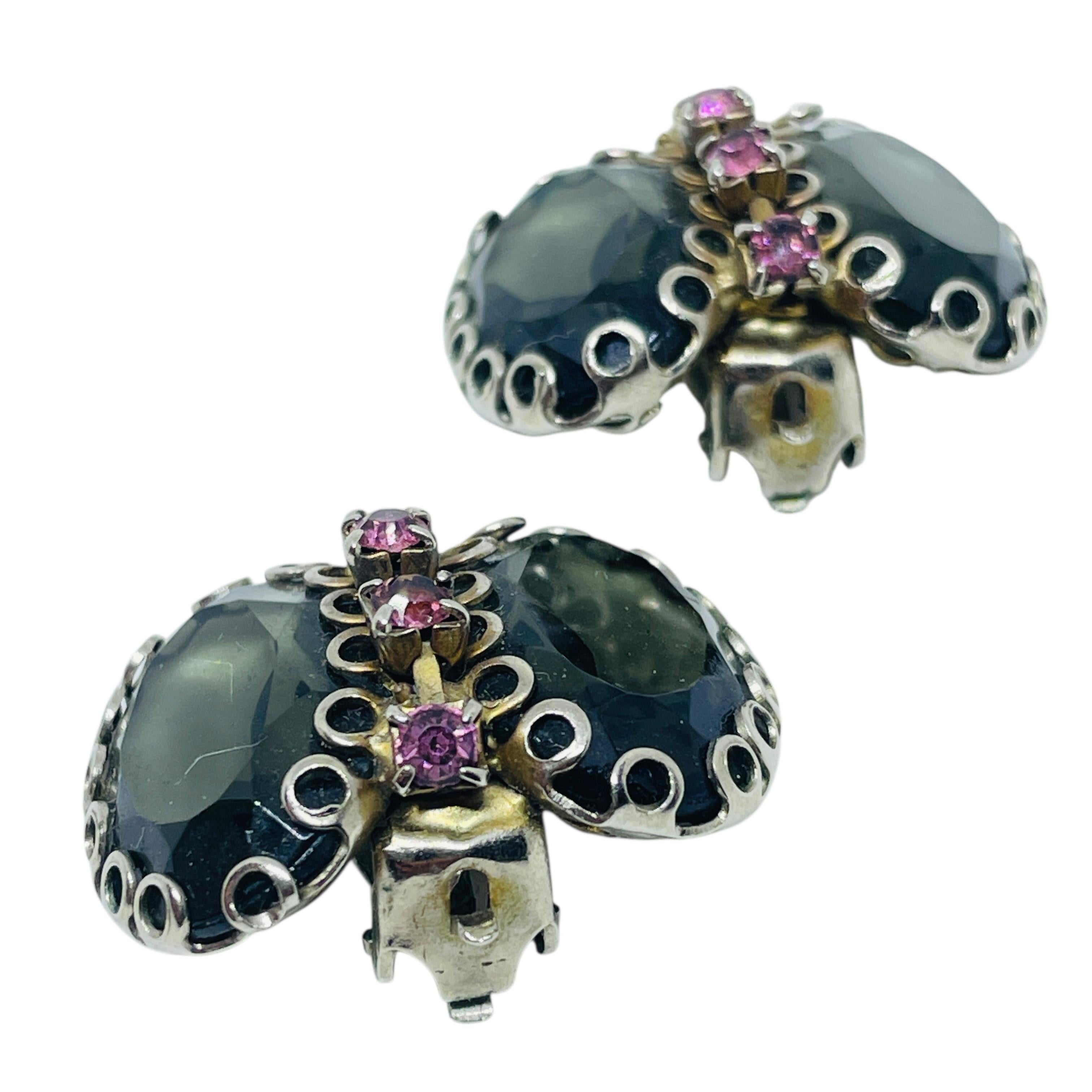 Vintage Silber Gold Ton Rauch rosa Glas Clip auf Ohrringe für Damen oder Herren im Angebot