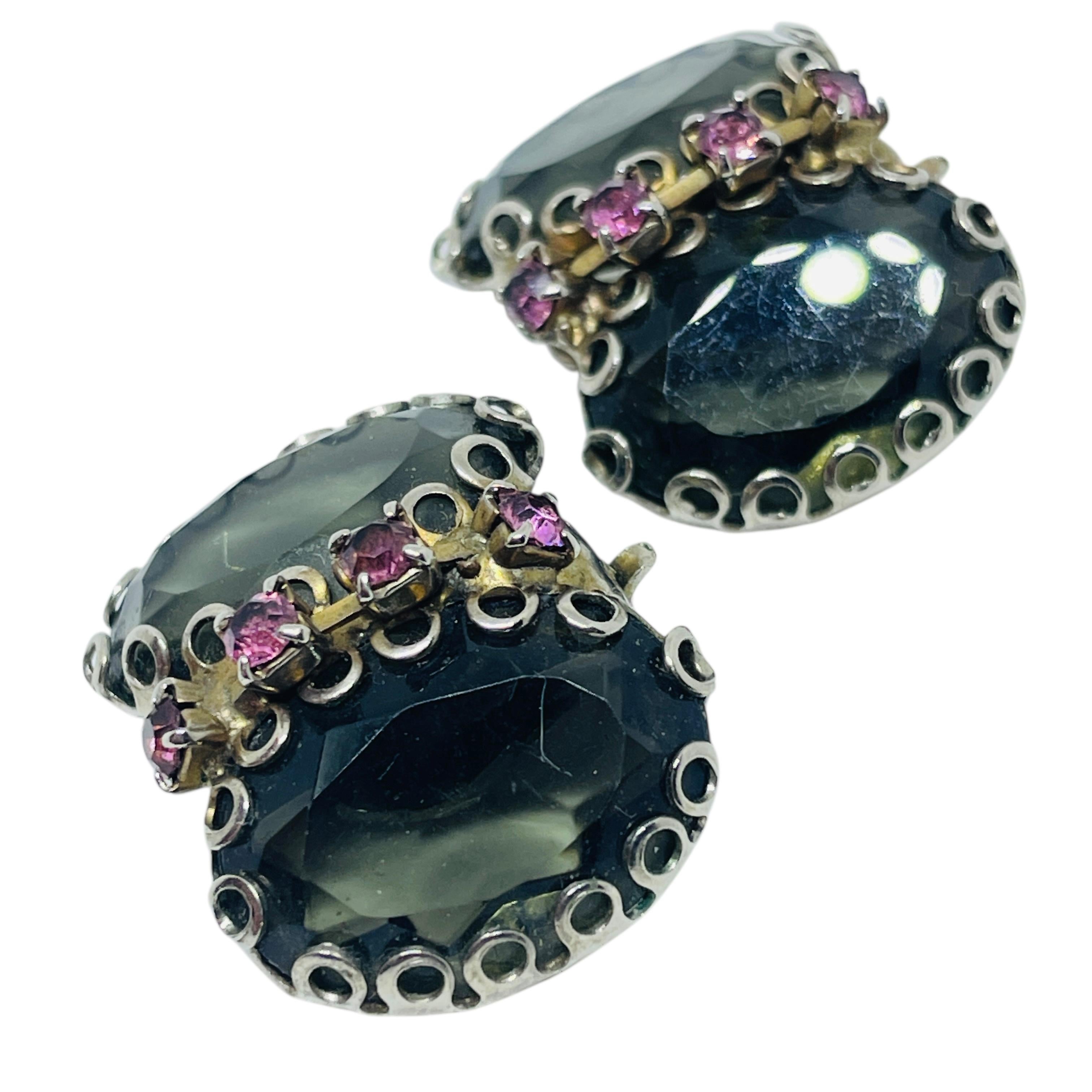 Vintage Silber Gold Ton Rauch rosa Glas Clip auf Ohrringe im Angebot 1