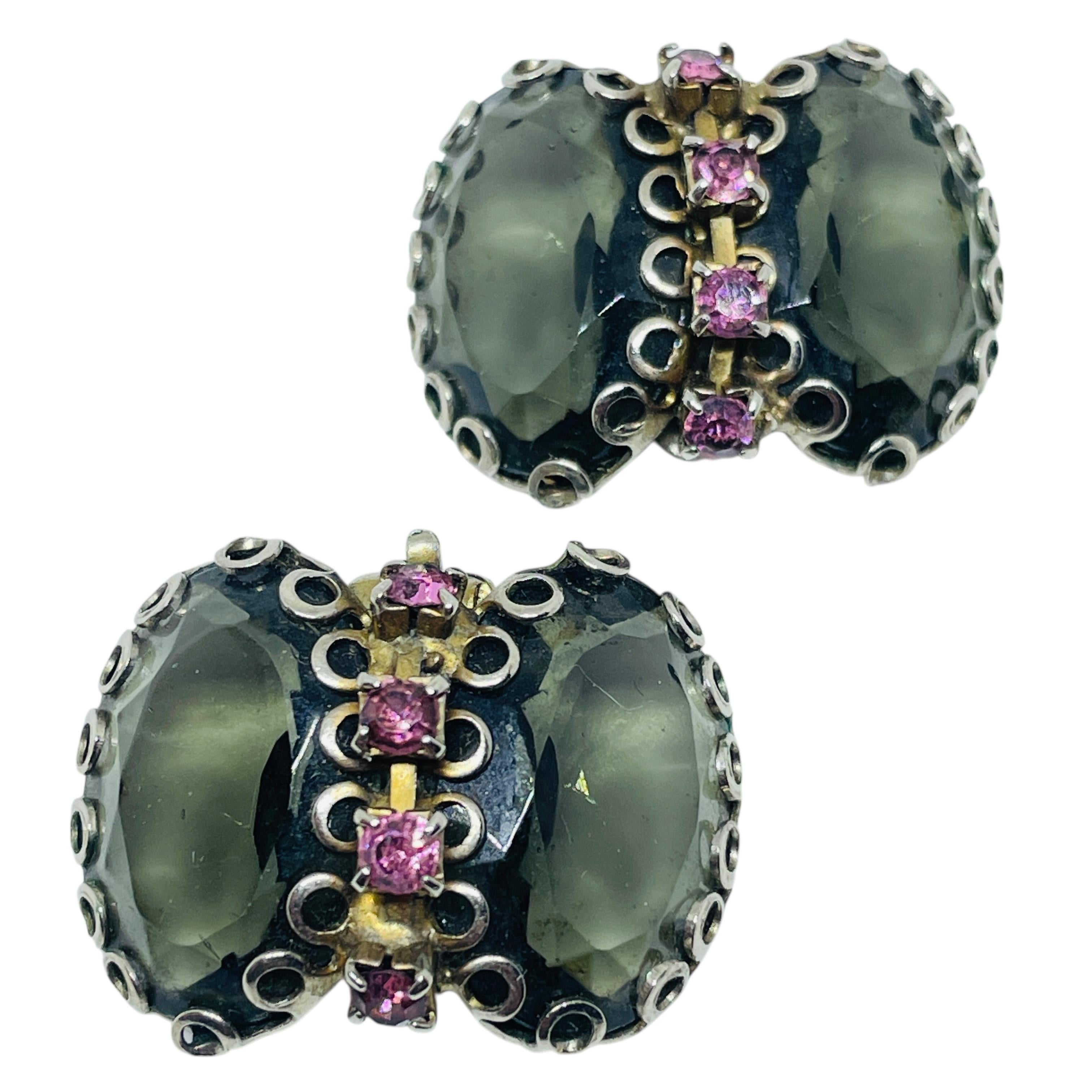 Vintage Silber Gold Ton Rauch rosa Glas Clip auf Ohrringe im Angebot 2